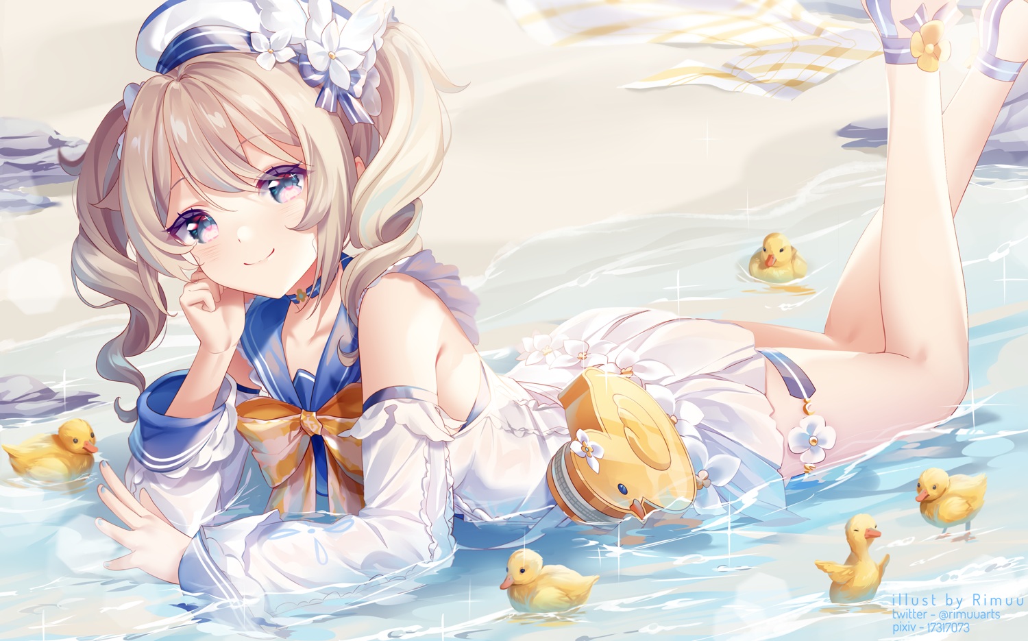 animal, barbara_pegg, bird, bow, brown_hair, dress, duck, genshin_impact, long_hair, rimuu, school_uniform, twintails, water, watermark, wet
