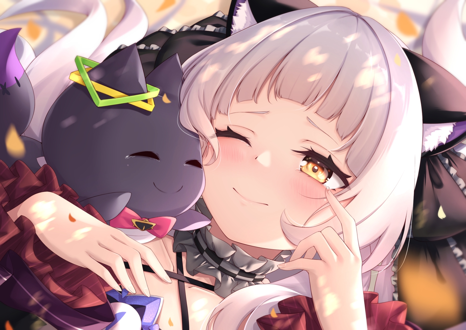 animal_ears, arata_(xin), blush, bow, catgirl, choker, close, gray_hair, hololive, hug, long_hair, murasaki_shion, tears, wink, yellow_eyes