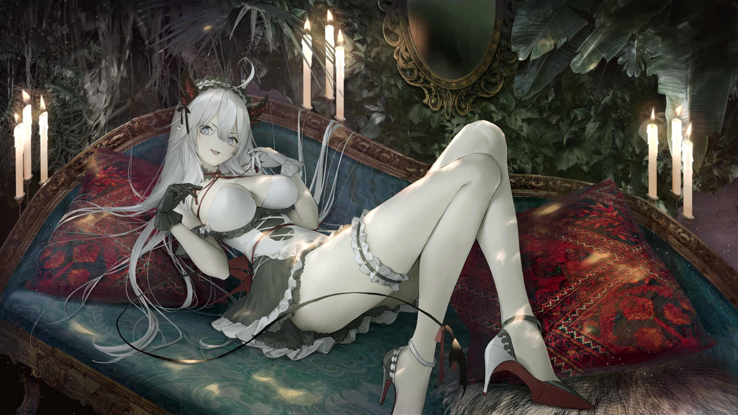 cinkai, demon, gloves, horns, maid, thighhighs, vei_(vtuber), vshojo