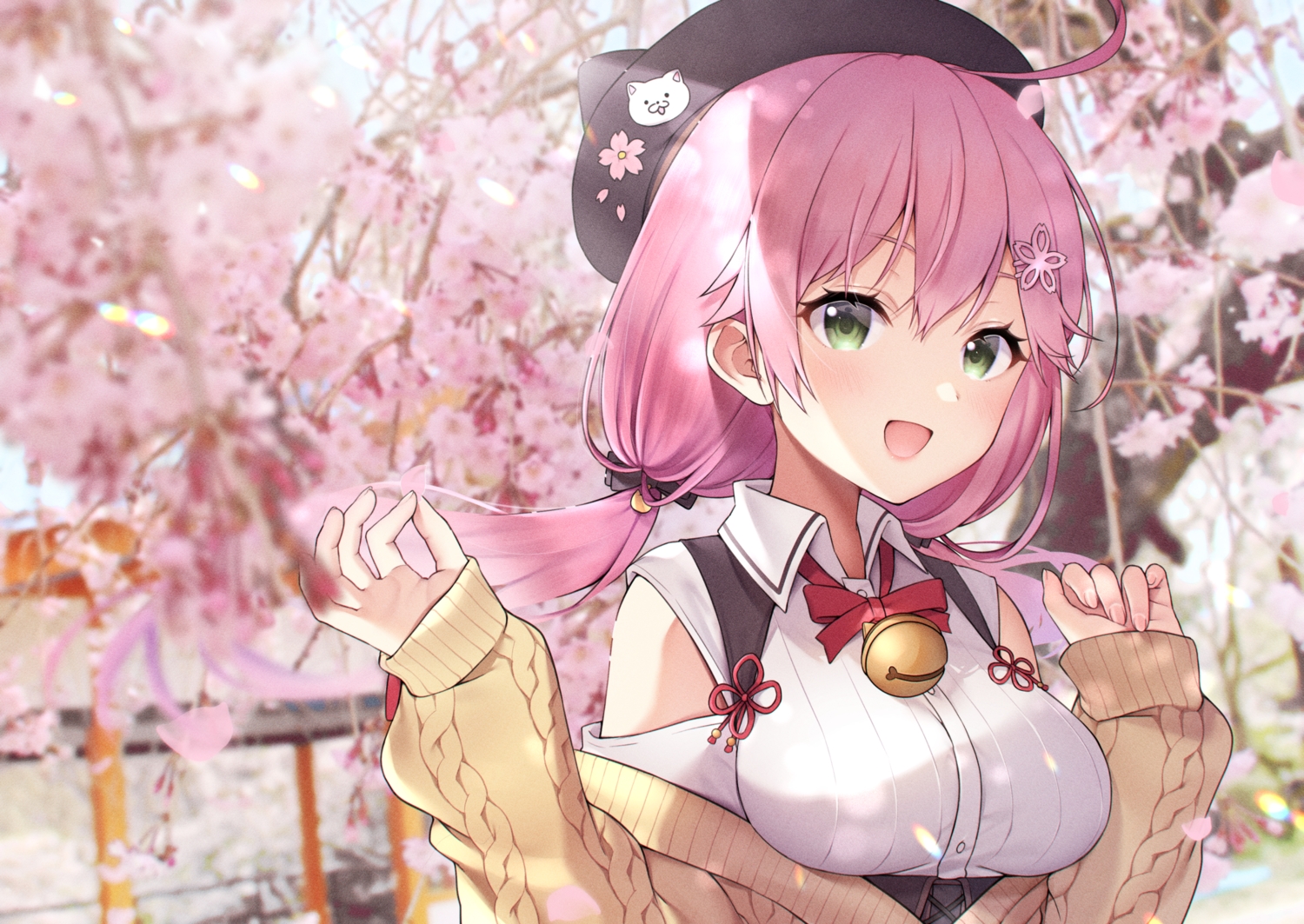 bell, blush, buta_tamako, cherry_blossoms, close, flowers, green_eyes, hat