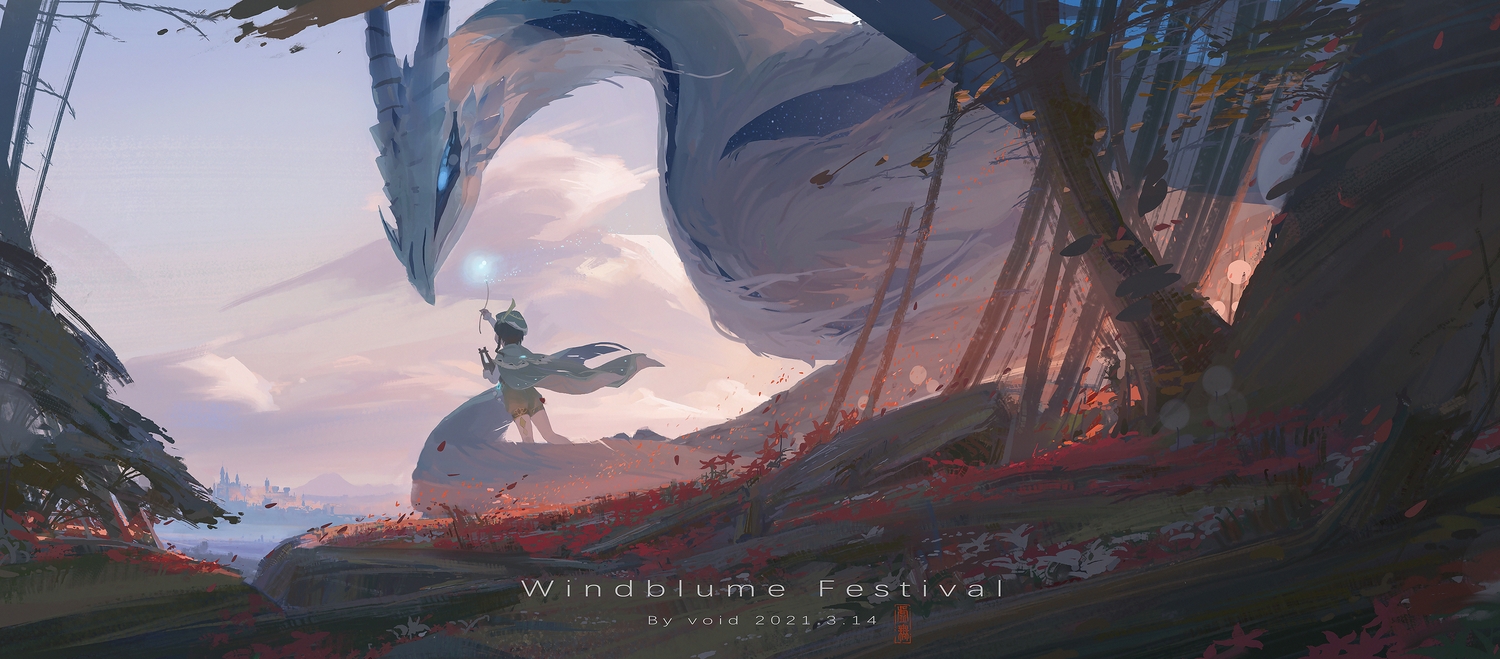 all_male, black_hair, braids, building, cape, clouds, dragon, dvalin_(genshin_impact), flowers, genshin_impact, instrument, male, sky, tree, venti_(genshin_impact), void_0, watermark