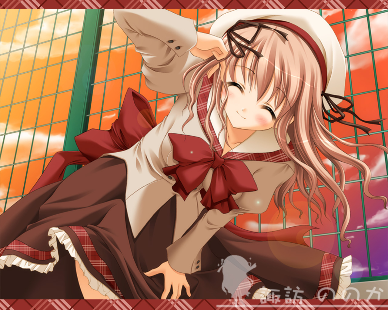 aozora_no_mieru_oka, brown_hair, hat, long_hair, school_uniform, sunset, suwa_nonoka, tagme_(artist)