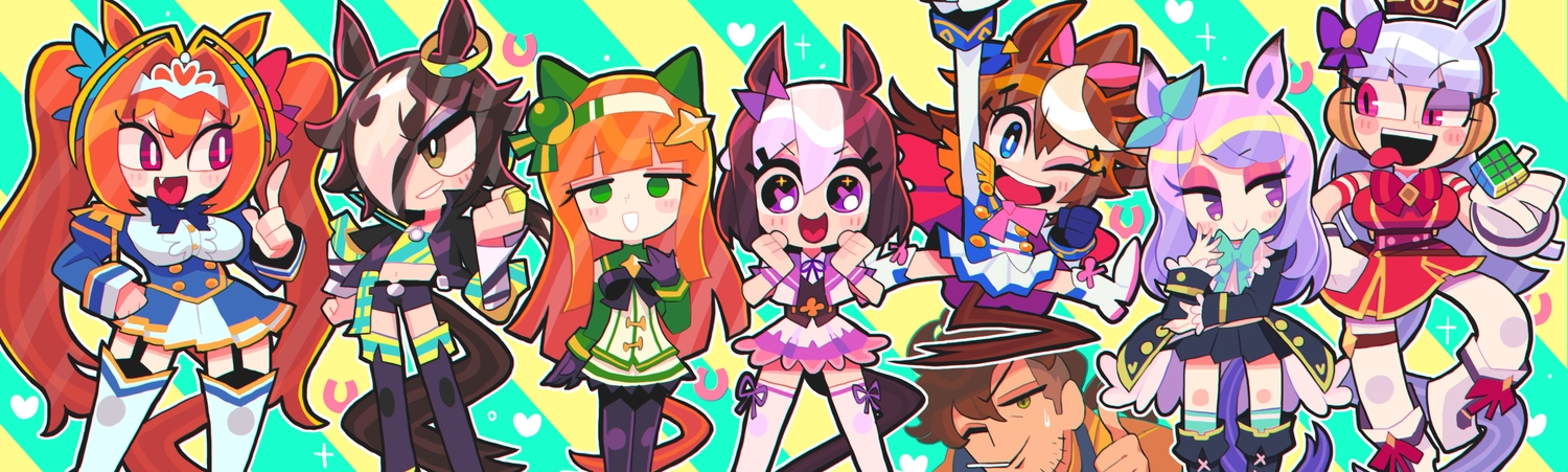 animal_ears, anthropomorphism, blue_eyes, blush, boots, bow, brown_eyes, brown_hair, daiwa_scarlet_(umamusume), fang, flat_chest, garter, garter_belt, gashi-gashi, gloves, gold_ship_(umamusume), gray_hair, green_eyes, group, hat, headband, kneehighs, long_hair, male, mejiro_mcqueen_(umamusume), navel, orange_hair, pantyhose, pink_eyes, purple_eyes, purple_hair, short_hair, shorts, silence_suzuka_(umamusume), skirt, special_week_(umamusume), stockings, tail, thighhighs, tiara, tokai_teio_(umamusume), trainer_(umamusume), twintails, uma_musume:_pretty_derby, uniform, vodka_(umamusume), wink, zettai_ryouiki