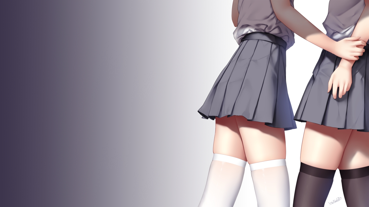 2girls, gradient, original, school_uniform, signed, skirt, thighhighs, third-party_edit