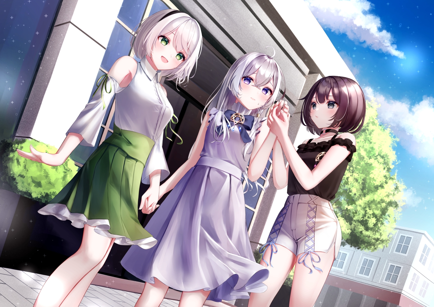 amnesia_(majo_no_tabitabi), black_eyes, blush, bow, brown_hair, building, clouds, collar, dress, elaina_(majo_no_tabitabi), gray_hair, green_eyes, headband, long_hair, majo_no_tabitabi, purple_eyes, ribbons, saya_(majo_no_tabitabi), shirt, short_hair, shorts, skirt, sky, summer_dress, tagme_(artist), tree, white_hair