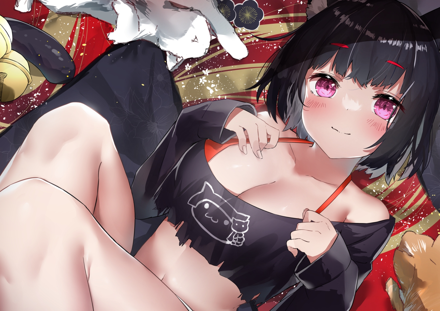 animal, animal_ears, anthropomorphism, azur_lane, bell, black_hair, breasts, cat