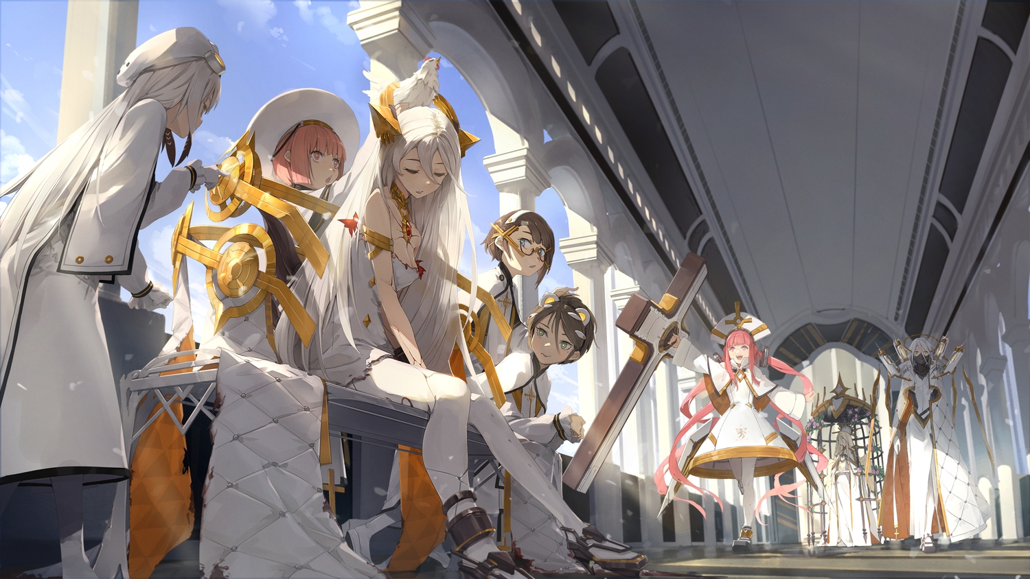 alchemy_stars, animal, bird, cage, clouds, cross, gabriel_(alchemy_stars), glasses, group, hat, long_hair, male, michael_(alchemy_stars), pantyhose, pink_hair, raphael_(alchemy_stars), sky, somehira_katsu, tagme_(character), uriel_(alchemy_stars), white_hair