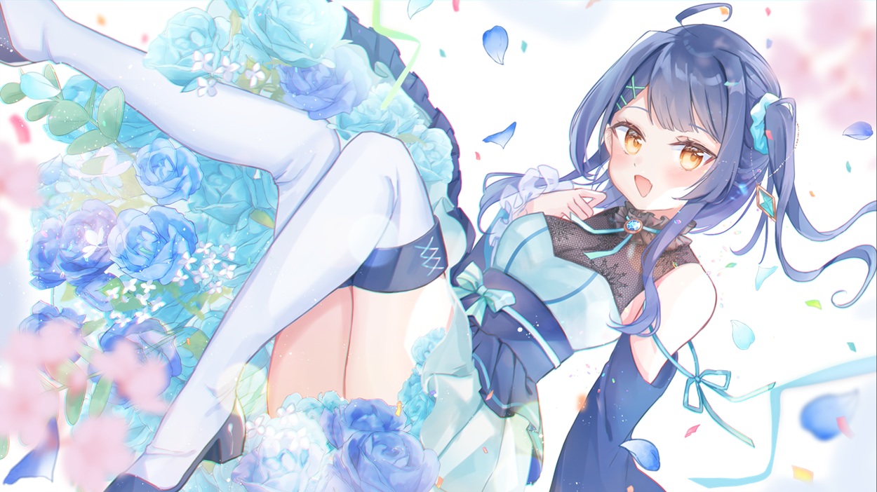 blue_hair, brown_eyes, flowers, japanese_clothes, lolita_fashion, long_hair, moko_(mokochisa), ponytail, rose, thighhighs, yuzuki_rai