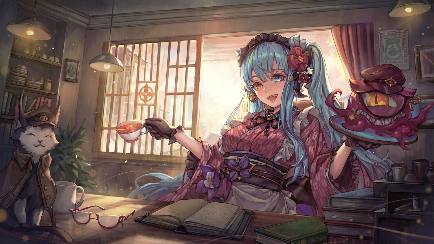 animal, apron, aqua_hair, bicolored_eyes, book, cat, drink, fang