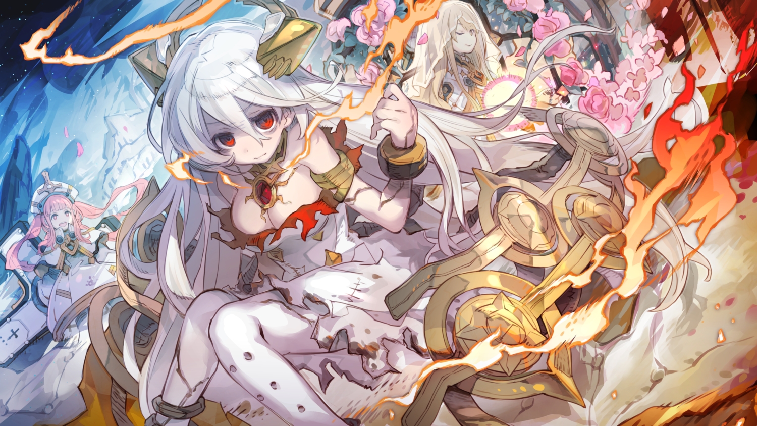 alchemy_stars, blonde_hair, breasts, cleavage, cross, elbow_gloves, fire, flowers