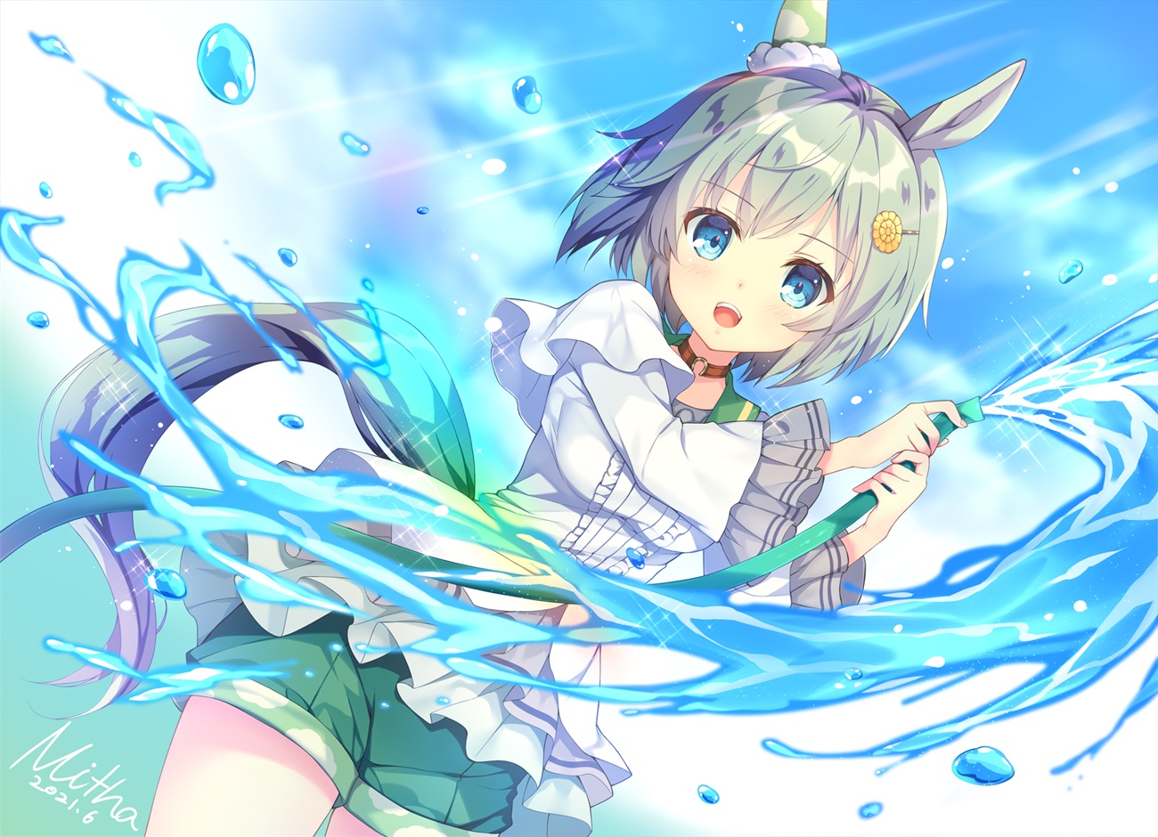 animal_ears, anthropomorphism, aqua_eyes, blush, clouds, collar, green_hair, mitha, seiun_sky_(umamusume), shirt, short_hair, shorts, signed, sky, tail, uma_musume:_pretty_derby, water