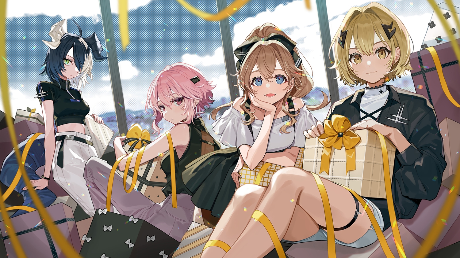 alchemy_stars, black_hair, blue_eyes, bow, brown_eyes, brown_hair, clouds, green_eyes