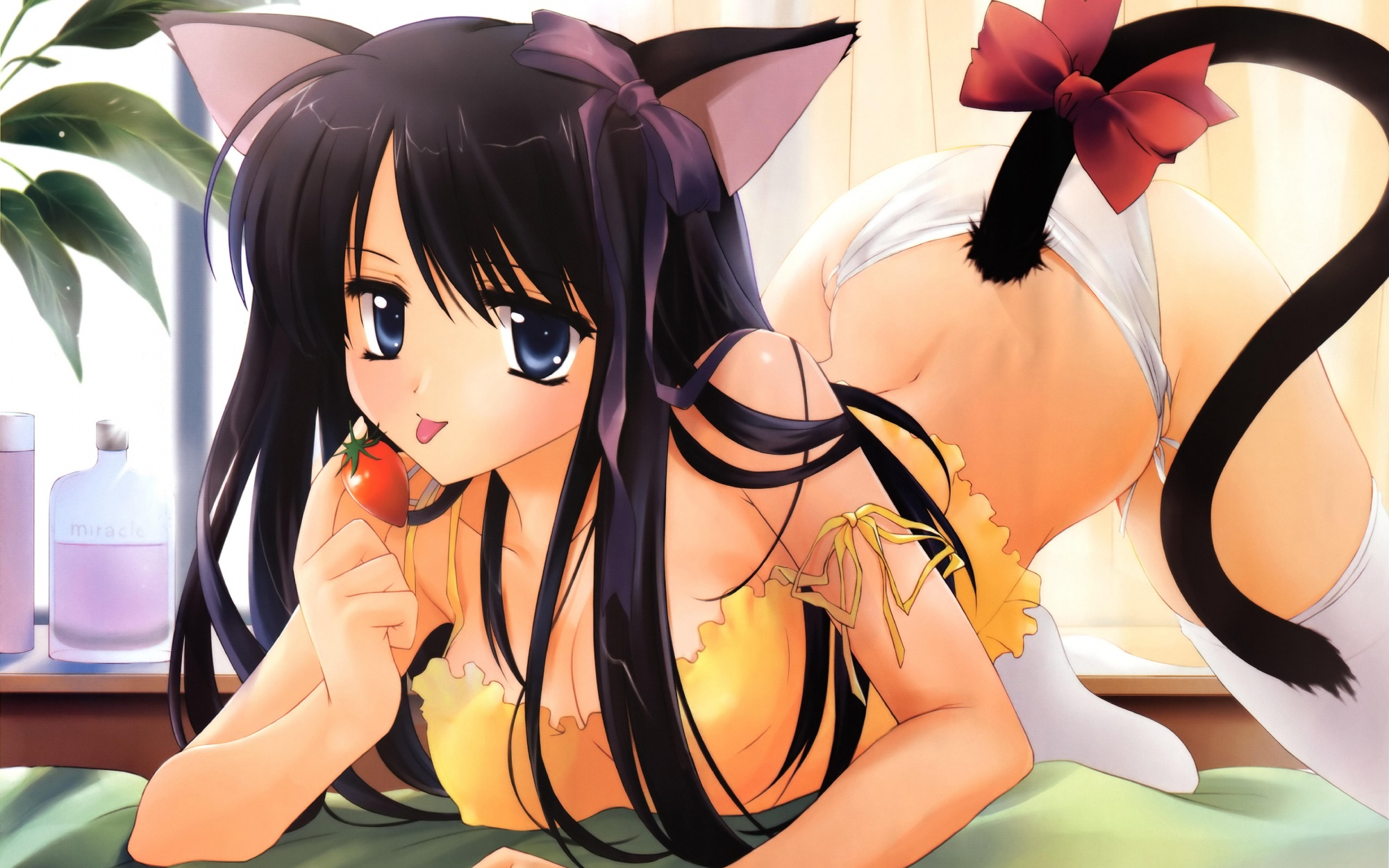 animal_ears, black_hair, blue_eyes, breasts, catgirl, cleavage, erect_nipples, girls_avenue