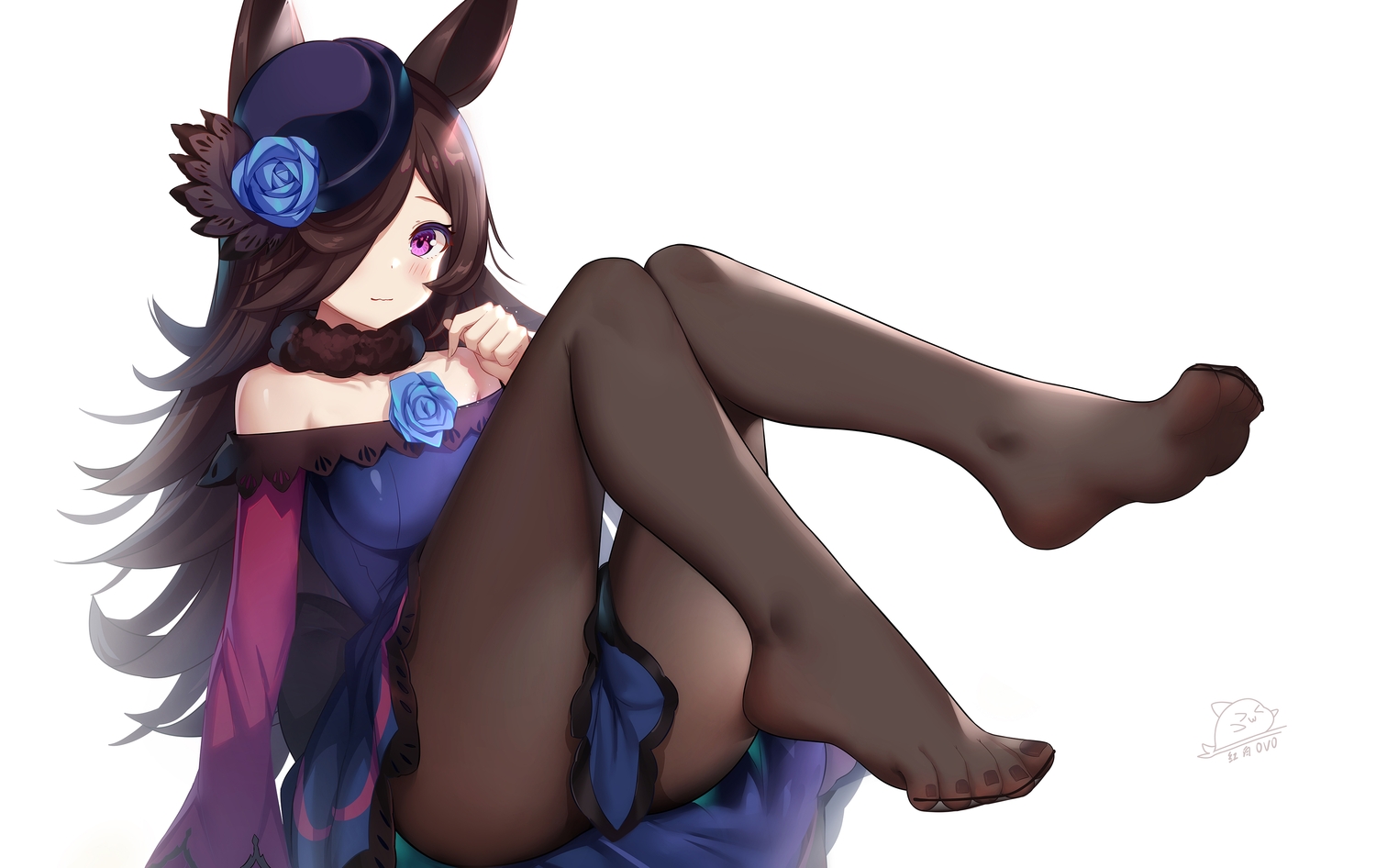 animal_ears, anthropomorphism, brown_hair, dress, hong_bai, long_hair, pantyhose, purple_eyes