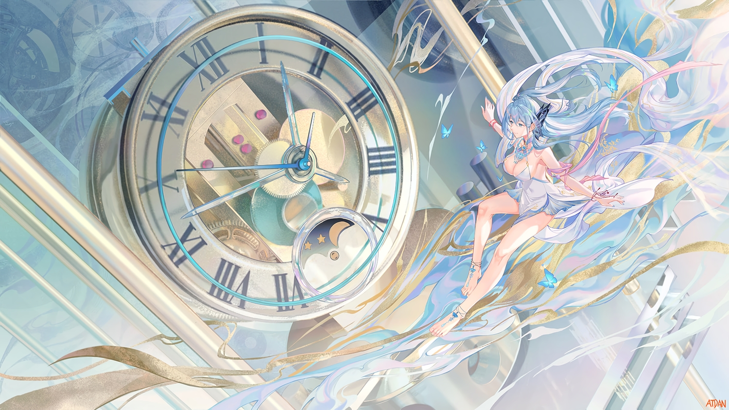atdan, barefoot, blue_eyes, blue_hair, breasts, butterfly, cangqiong, cleavage