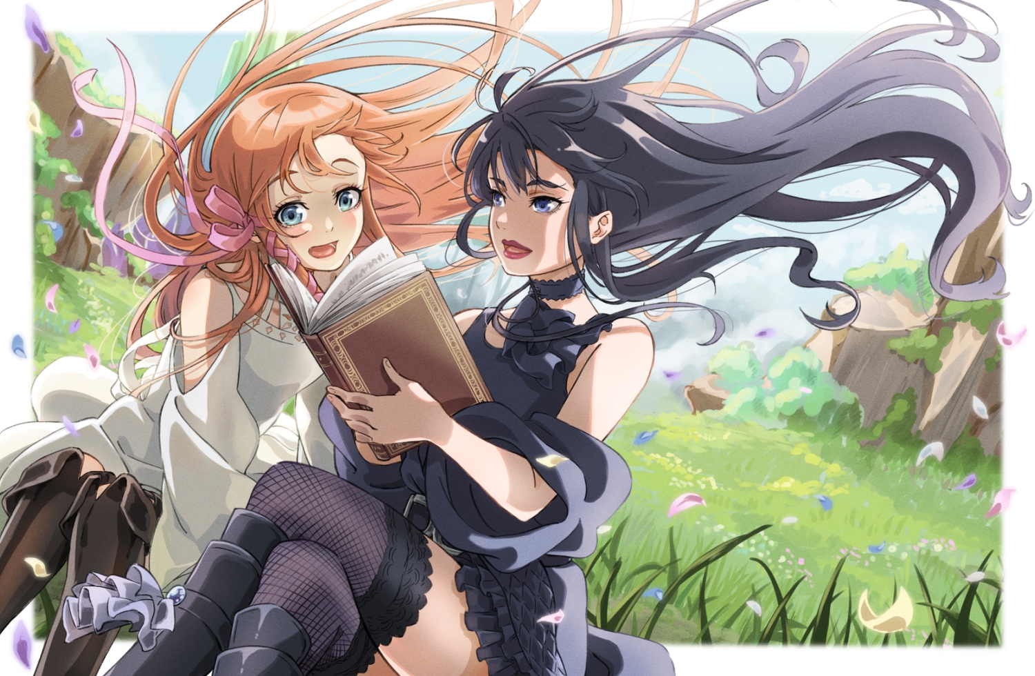 2girls, black_hair, blue_eyes, blush, book, dress, final_fantasy, final_fantasy_xiv, gaia_(ffxiv), hyur, long_hair, orange_hair, petals, ryne, thighhighs, z_aft138420
