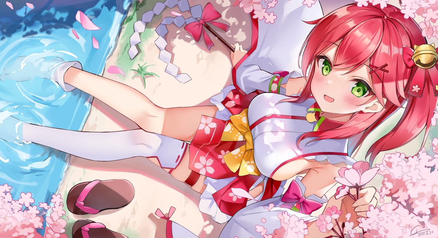 bell, blush, breasts, cherry_blossoms, flowers, garter, ginn_(hzh770121), green_eyes, hololive, japanese_clothes, miko, no_bra, red_hair, sakura_miko, sideboob, thighhighs, water, wet