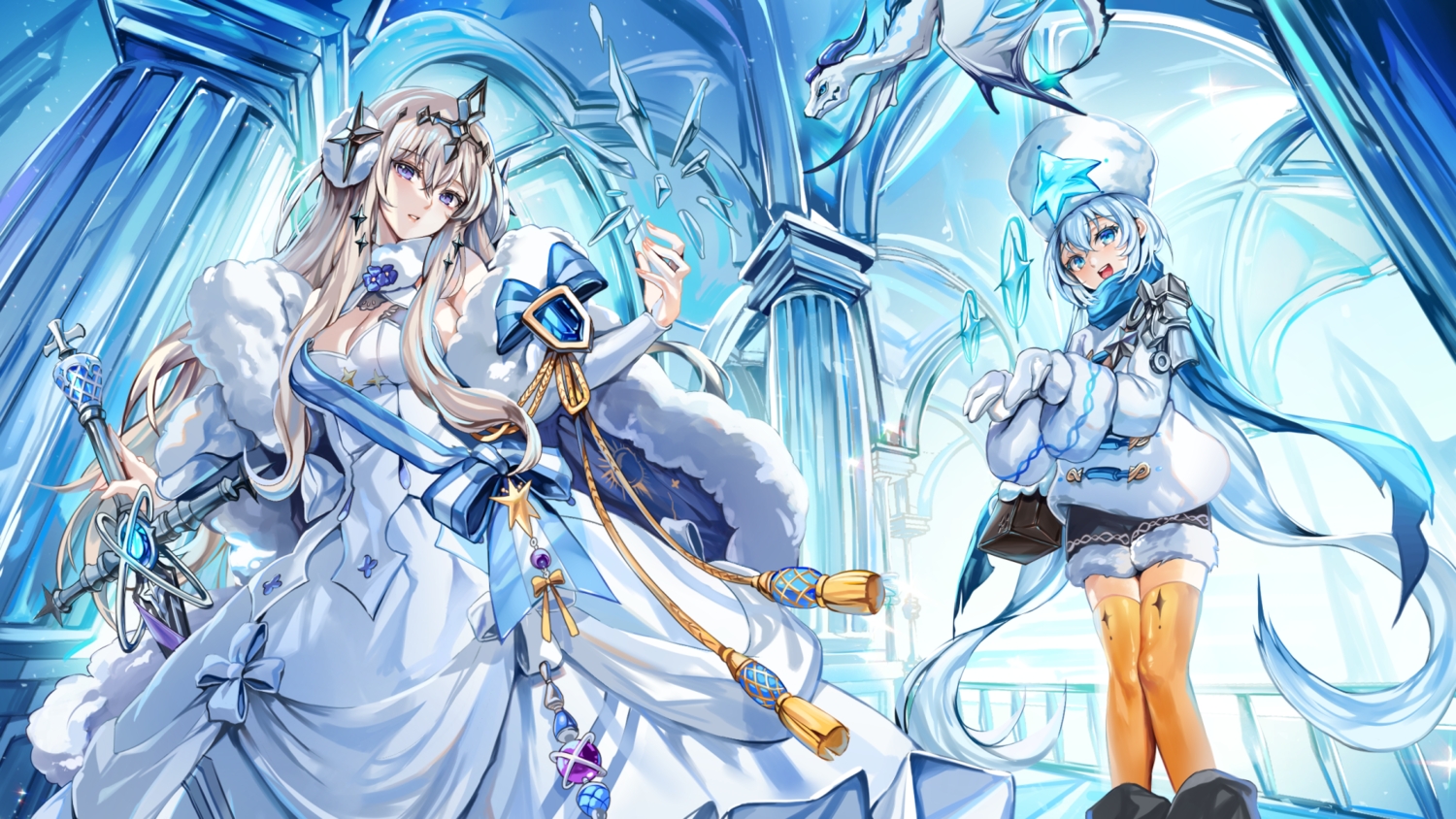 2girls, alchemy_stars, bethlehem_(alchemy_stars), blue_eyes, breasts, brown_hair, cleavage, dragon