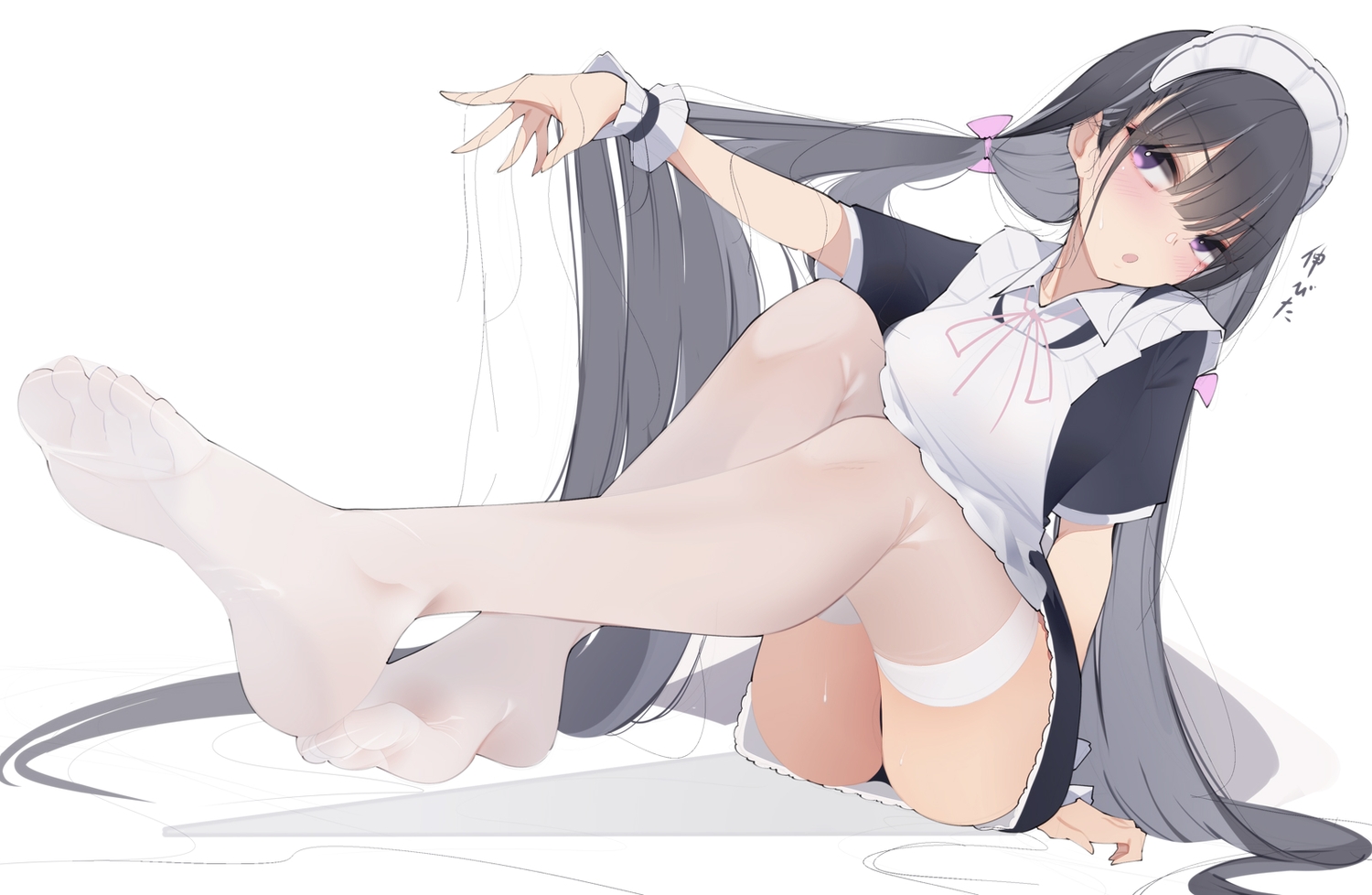 black_hair, headband, katuo1129, long_hair, maid, original, polychromatic, purple_eyes, sketch, thighhighs, twintails, white, wristwear