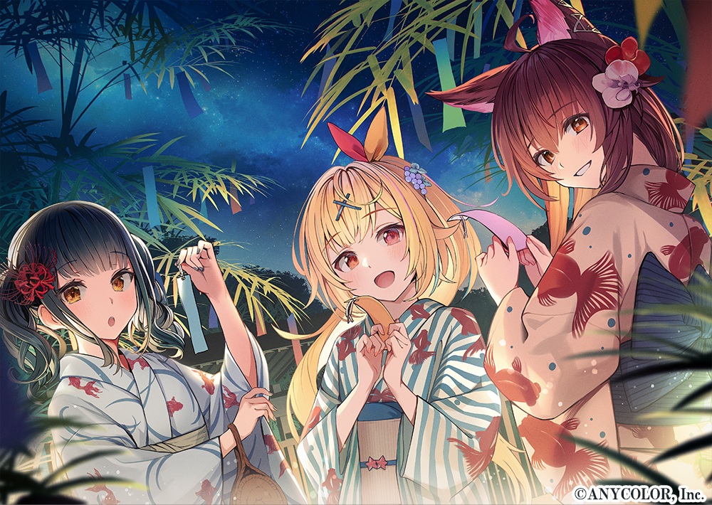 animal_ears, black_hair, blonde_hair, blush, brown_eyes, brown_hair, festival, foxgirl, fumi_(nijisanji), hoshikawa_sara, japanese_clothes, kagawa_ichigo, night, nijisanji, ponytail, red_eyes, short_hair, sky, stars, summer, tree, twintails, yamagami_karuta, yukata
