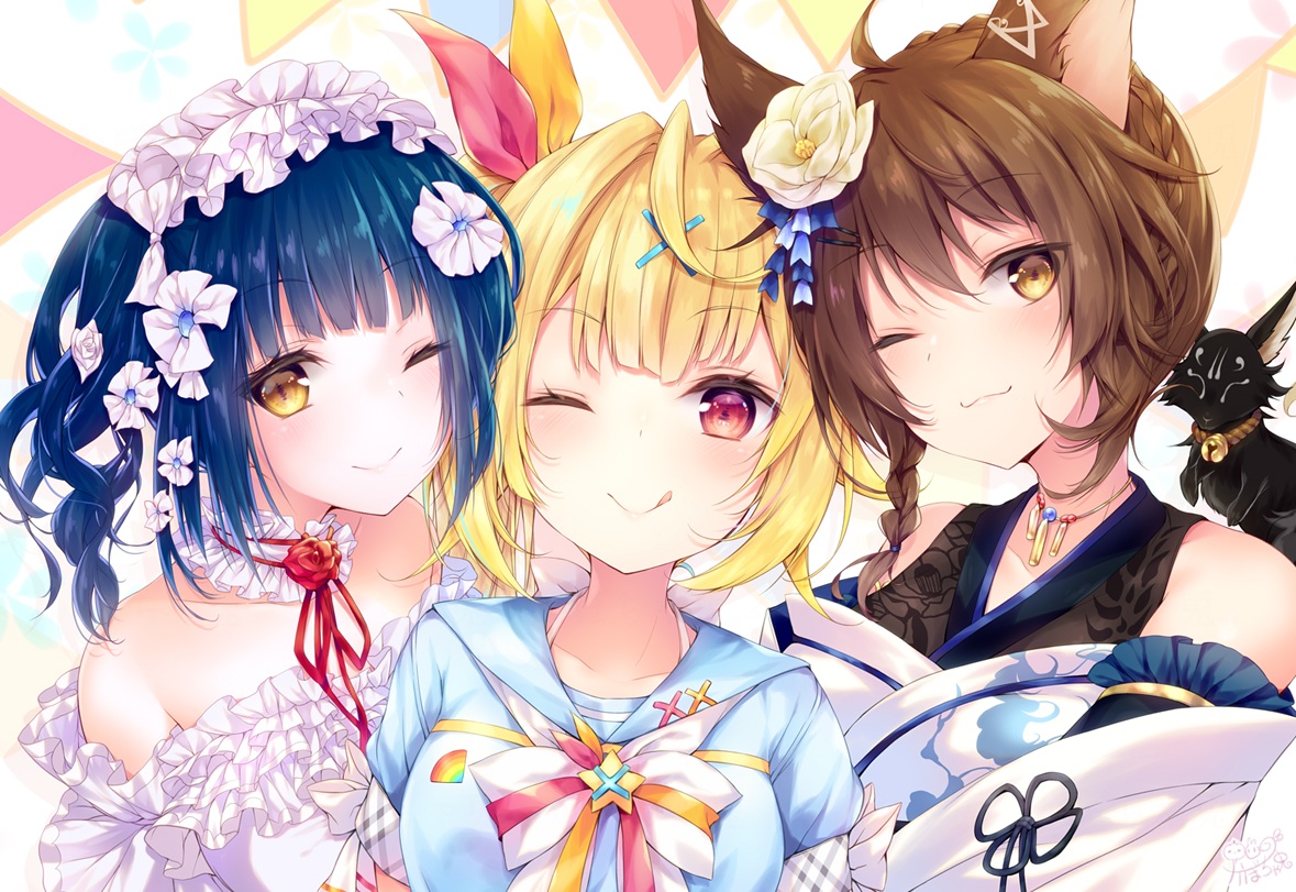 animal, animal_ears, blonde_hair, blue_hair, bow, braids, brown_eyes, brown_hair, cat_smile, choker, close, fox, foxgirl, fumi_(nijisanji), headdress, hoshikawa_sara, japanese_clothes, kabocha_usagi, kimono, necklace, nijisanji, ponytail, red_eyes, ribbons, school_uniform, short_hair, twintails, wink, yamagami_karuta, yellow_eyes