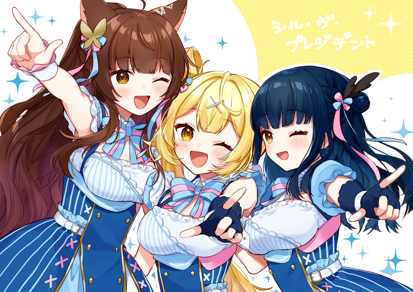 animal_ears, blonde_hair, blue_hair, blush, bow, brown_eyes, brown_hair, dress