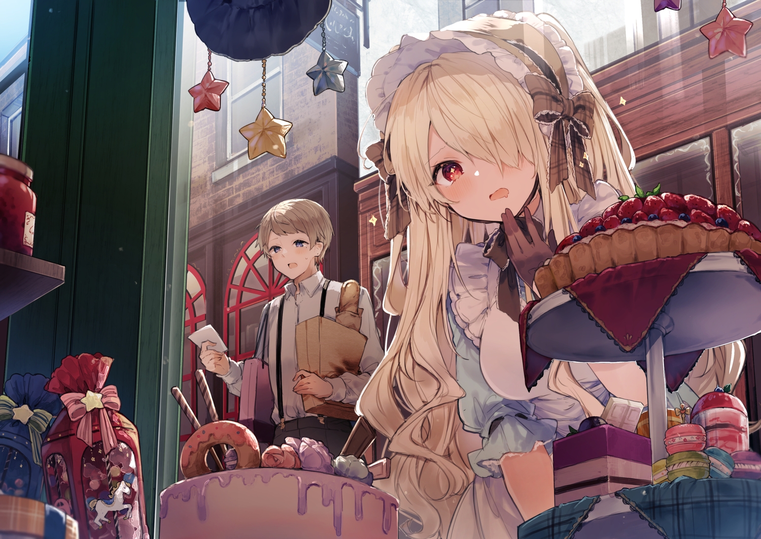 blonde_hair, blue_eyes, blush, bow, building, cake, candy, chocolate