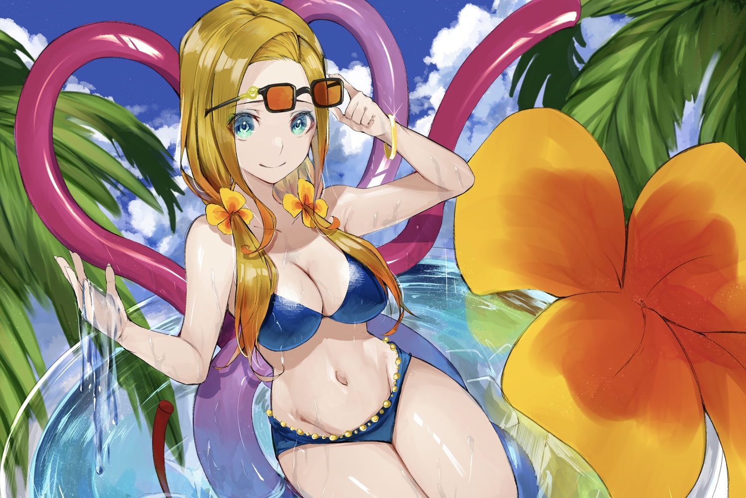 aqua_eyes, bikini, blonde_hair, breasts, cleavage, clouds, drink, flowers, long_hair, navel, original, r_(ryo), sky, sunglasses, swim_ring, swimsuit, twintails, water, wet, wristwear