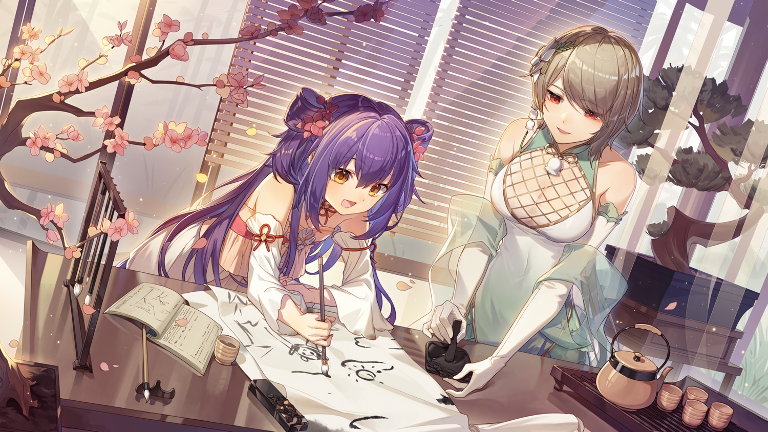 2girls, book, brown_eyes, brown_hair, cherry_blossoms, chinese_clothes, chinese_dress, dress, elbow_gloves, flowers, gloves, honkai_impact, honkai_(series), long_hair, paper, purple_hair, red_eyes, rita_rossweisse, short_hair, sirin, tagme_(artist)