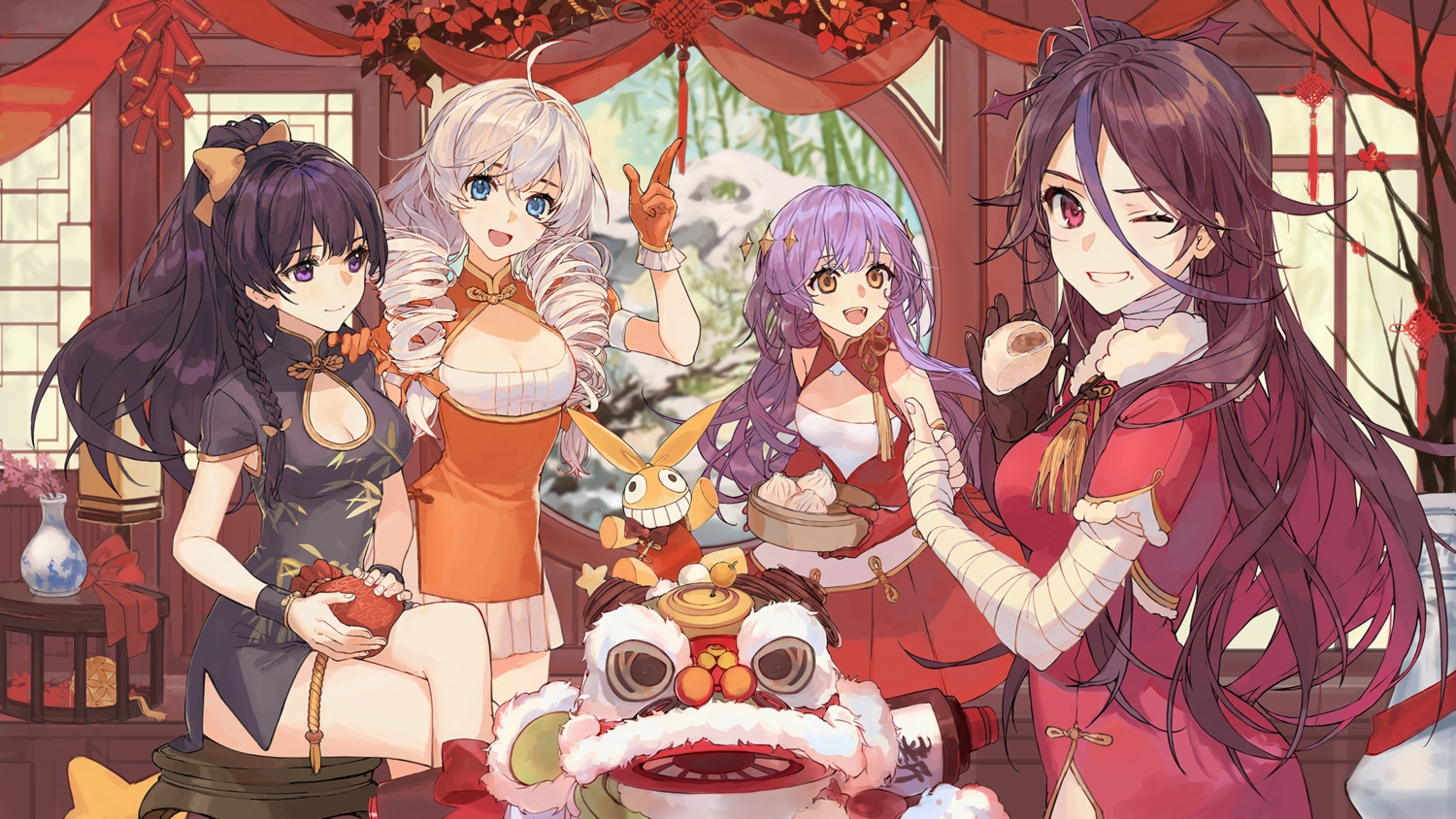 bandage, black_hair, blue_eyes, bow, braids, breasts, brown_eyes, brown_hair, chinese_clothes, chinese_dress, cleavage, dress, food, gloves, headband, honkai_impact, honkai_(series), houraiji_kyuushou, kiana_kaslana, long_hair, purple_eyes, purple_hair, raiden_mei, red_eyes, sirin, tagme_(artist), white_hair, wink, wristwear