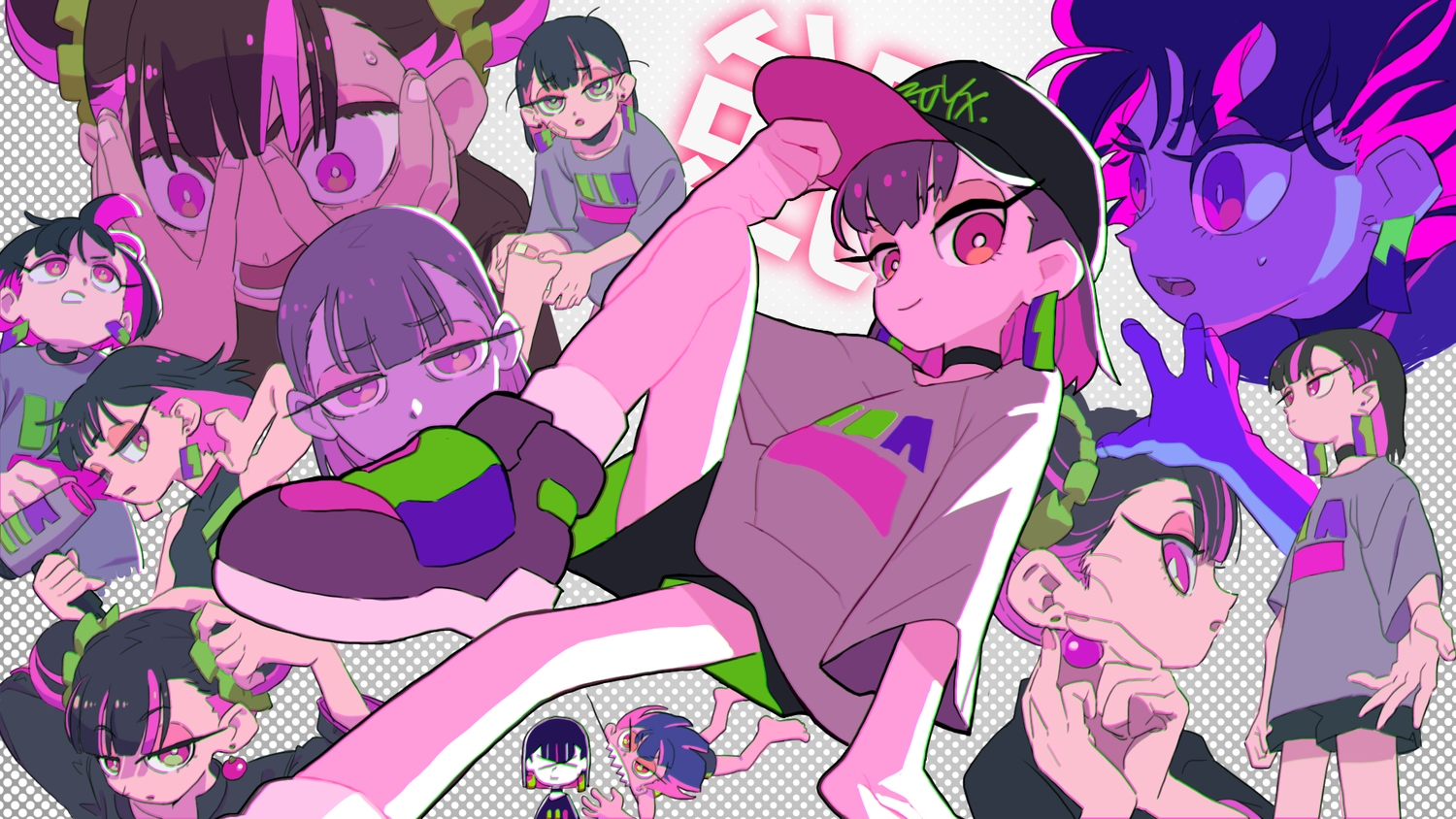 bandaid, black_hair, chibi, choker, gashi-gashi, hat, nira-chan, red_eyes