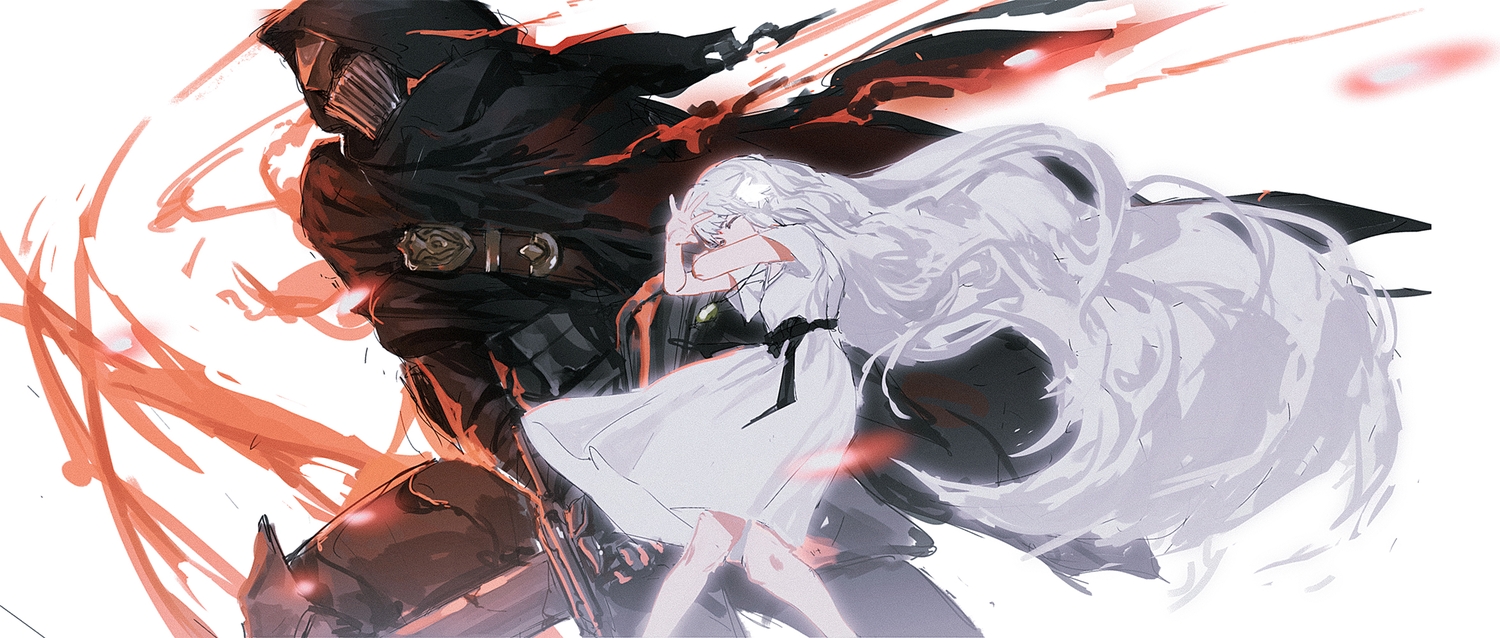 dress, ender_lilies_quietus_of_the_knights, fire, lily_(ender_lilies), long_hair, polychromatic, reoen, sketch, sword, umbral_knight_(ender_lilies), weapon, white_hair