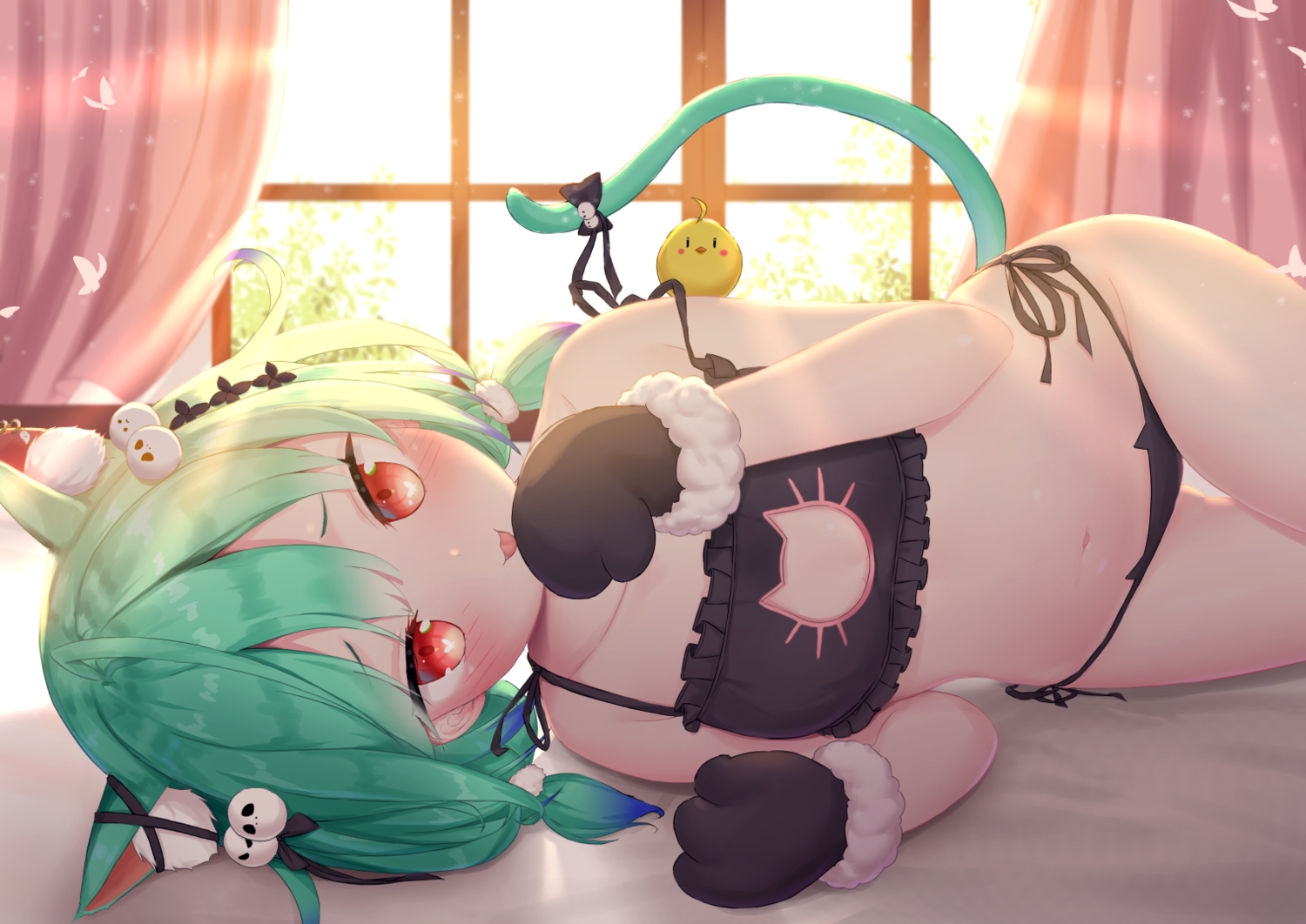 animal, animal_ears, bed, bird, blush, catgirl, gloves, green_hair, hololive, navel, red_eyes, tail, twintails, uruha_rushia, white_clover_(unfy8472)