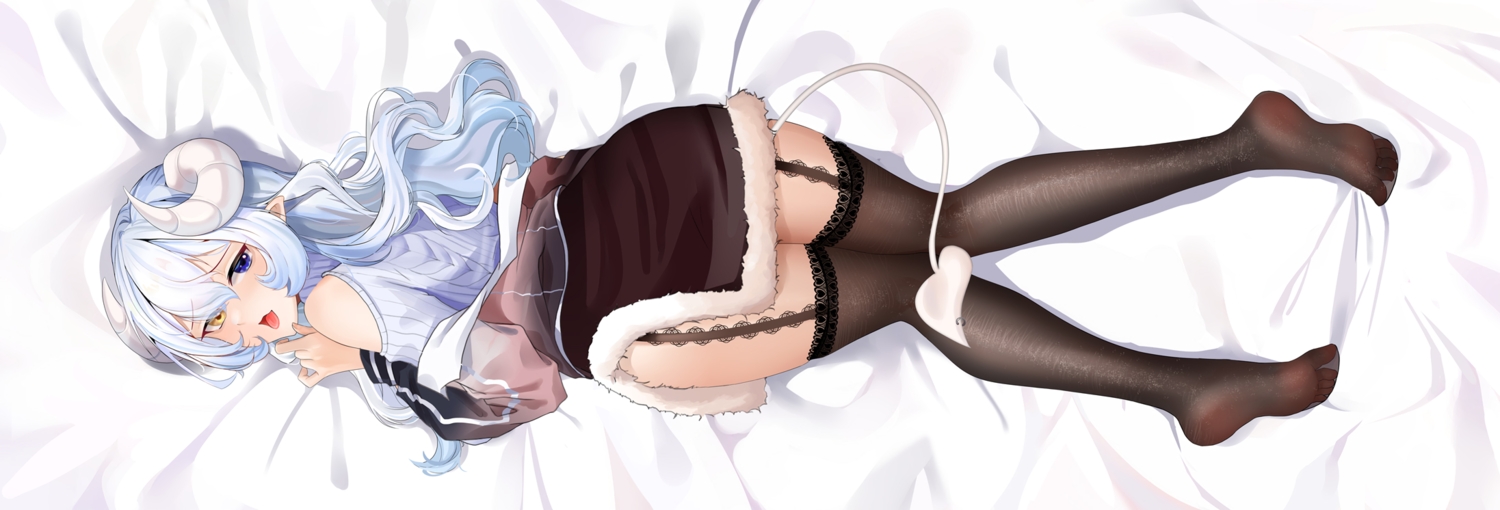 bicolored_eyes, cropped, garter_belt, gray_hair, horns, long_hair, moyamoya_(moya11158375), pointed_ears, skirt, stockings, tail