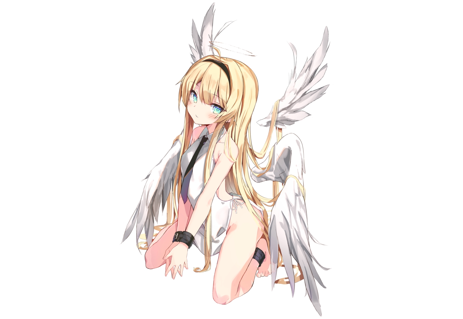 angel, aqua_eyes, barefoot, blonde_hair, blush, bondage, dress, halo, headband, loli, long_hair, nopan, original, shackles, sketch, tie, toshizou_(0714), white, wings