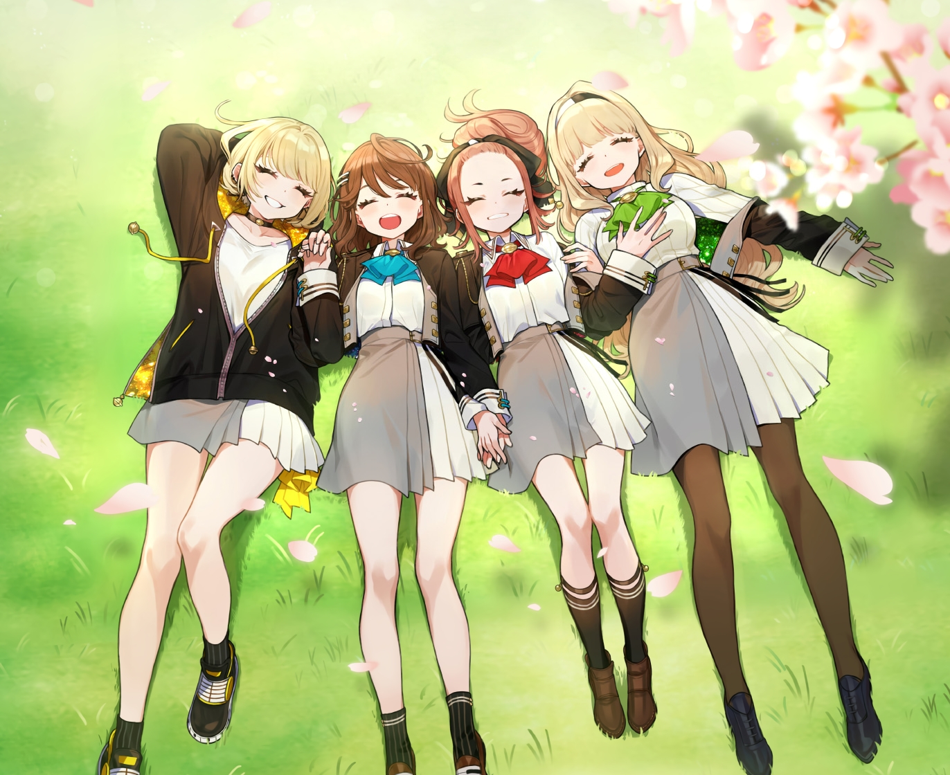 blonde_hair, brown_hair, cherry_blossoms, choker, cropped, flowers, grass, green