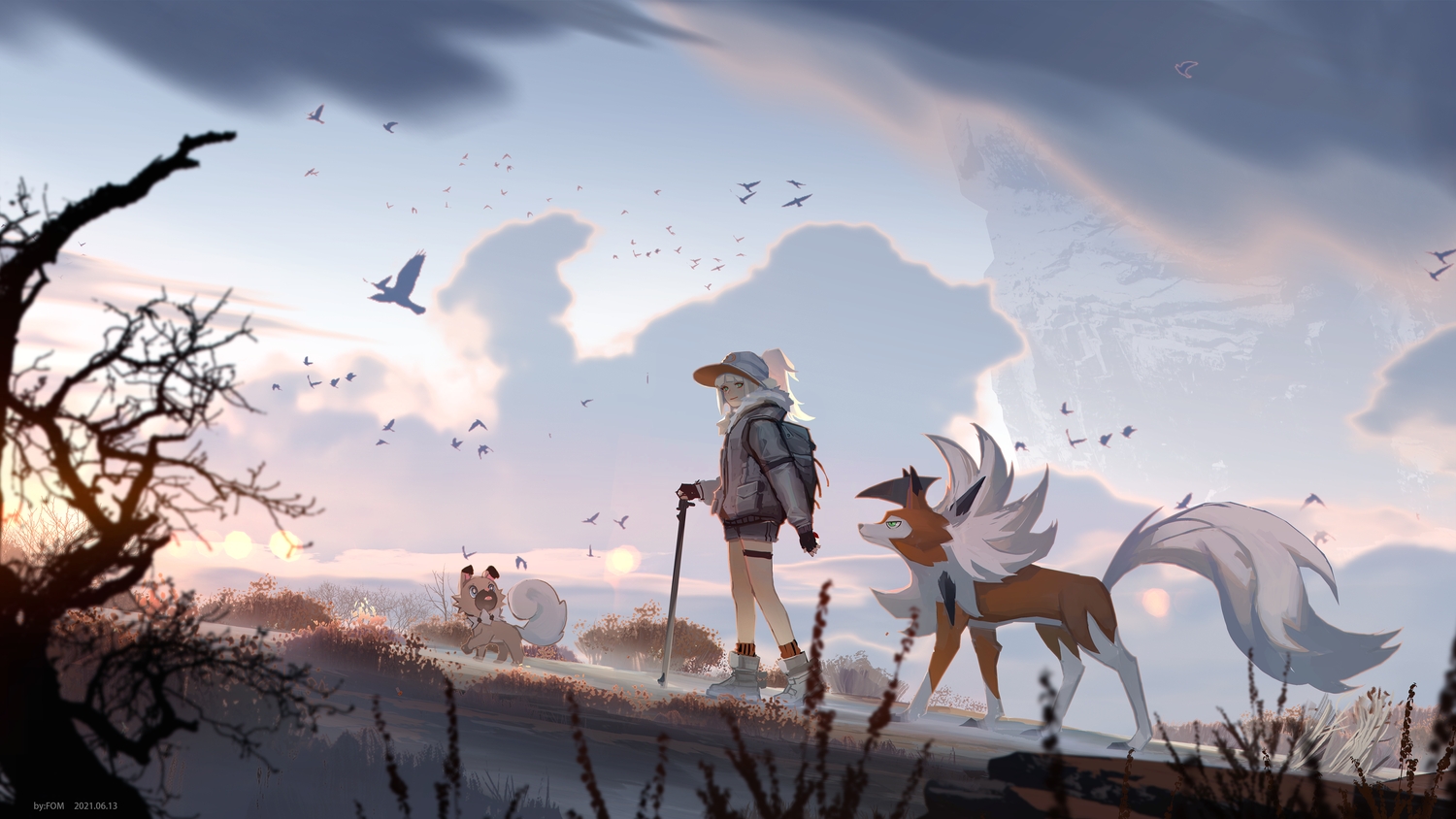 animal, bird, blush, clouds, fom_(lifotai), gloves, grass, green_eyes, hat, long_hair, lycanroc, pokemon, ponytail, rockruff, sky, socks, sunset, watermark, white_hair