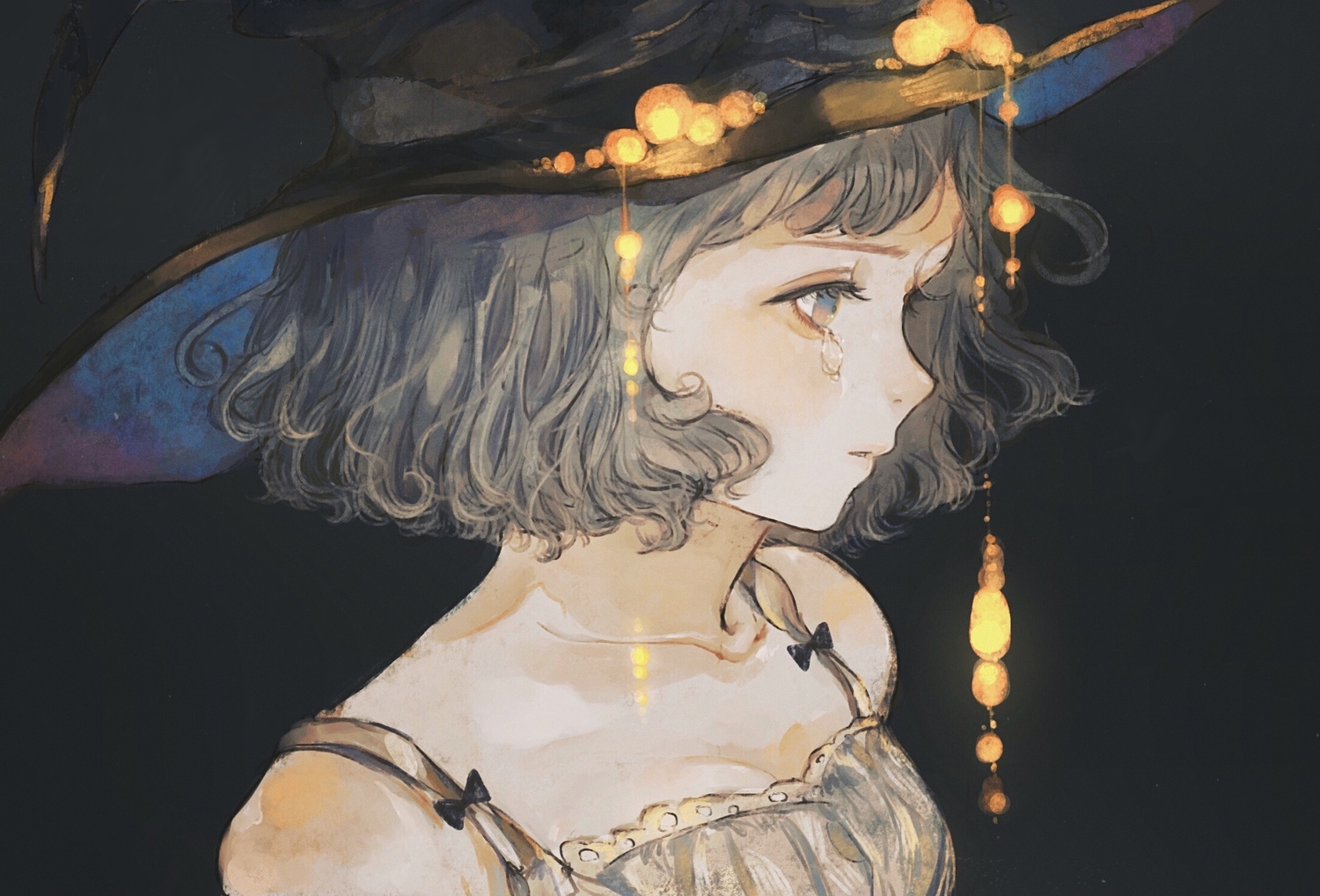 close, crying, dress, green_hair, hat, orie_h, original, polychromatic, short_hair, tears, witch_hat