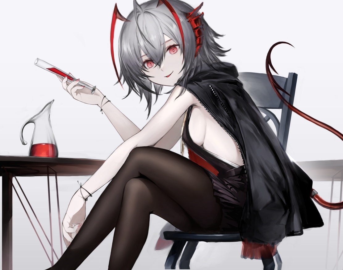 aizawa_masaya, arknights, blood, breasts, cape, dress, drink, gradient