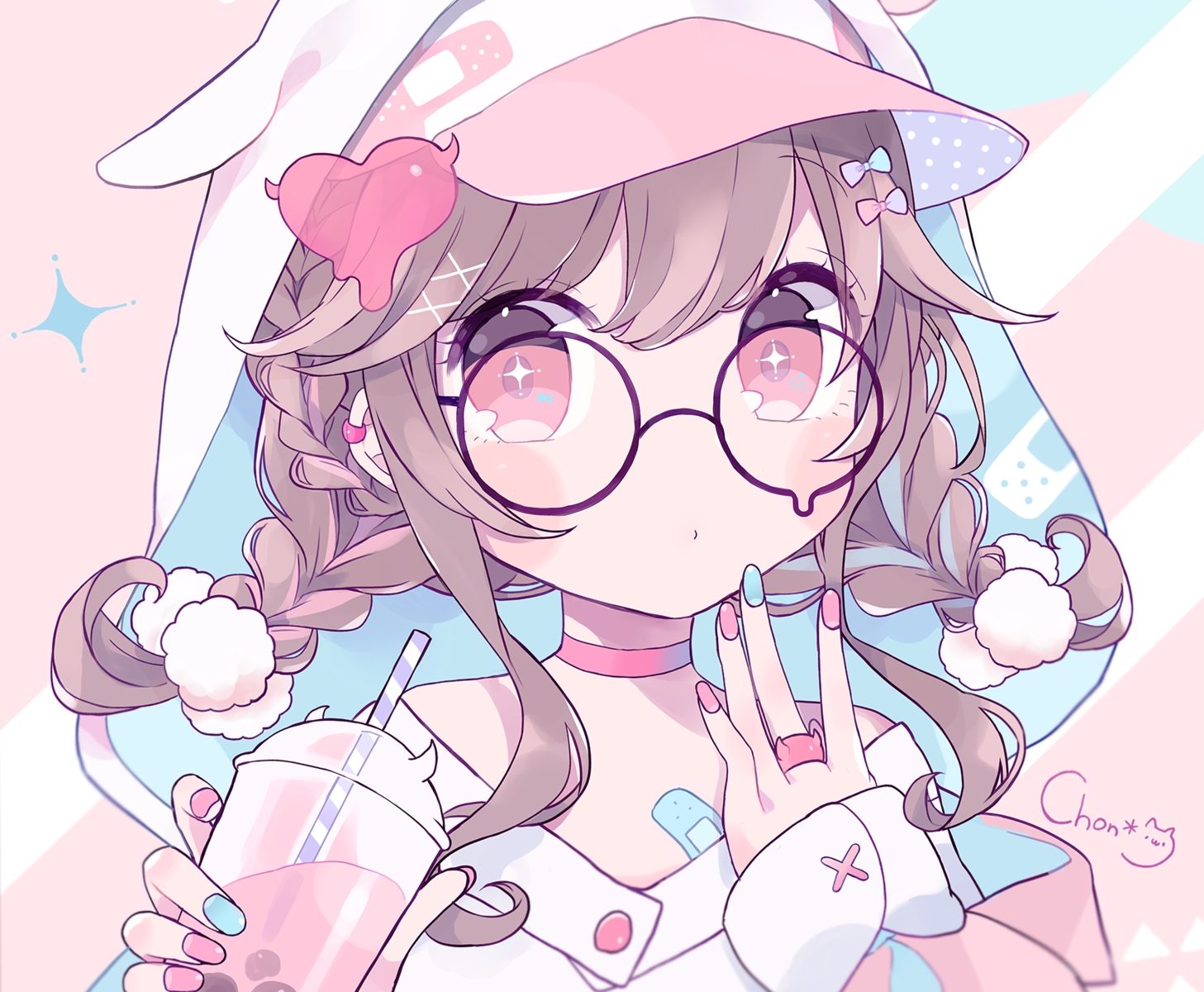 animal_ears, bandaid, braids, brown_hair, choker, chon_(chon33v), close, cropped