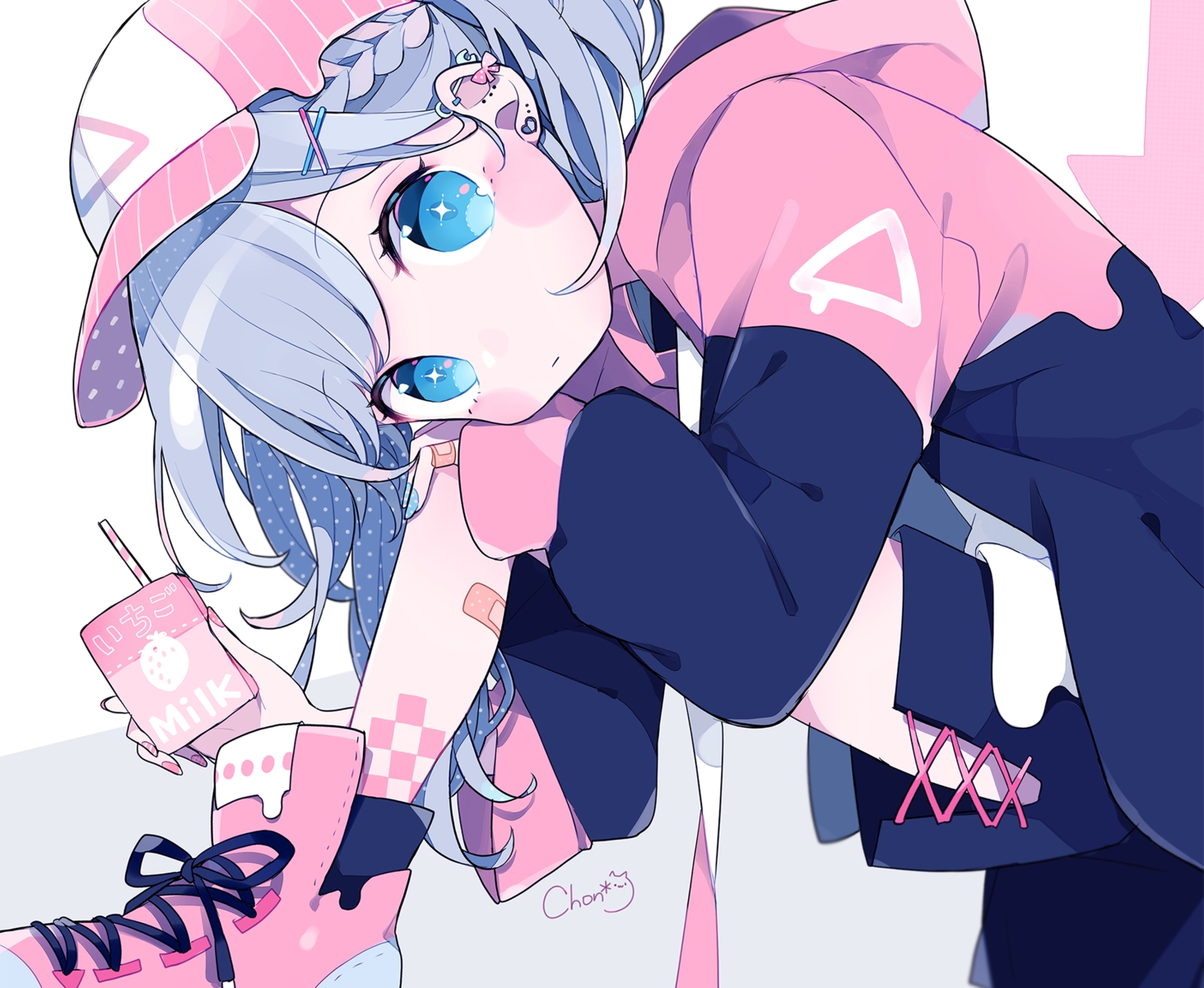 aqua_eyes, bandaid, blue_hair, braids, chon_(chon33v), close, cropped, drink