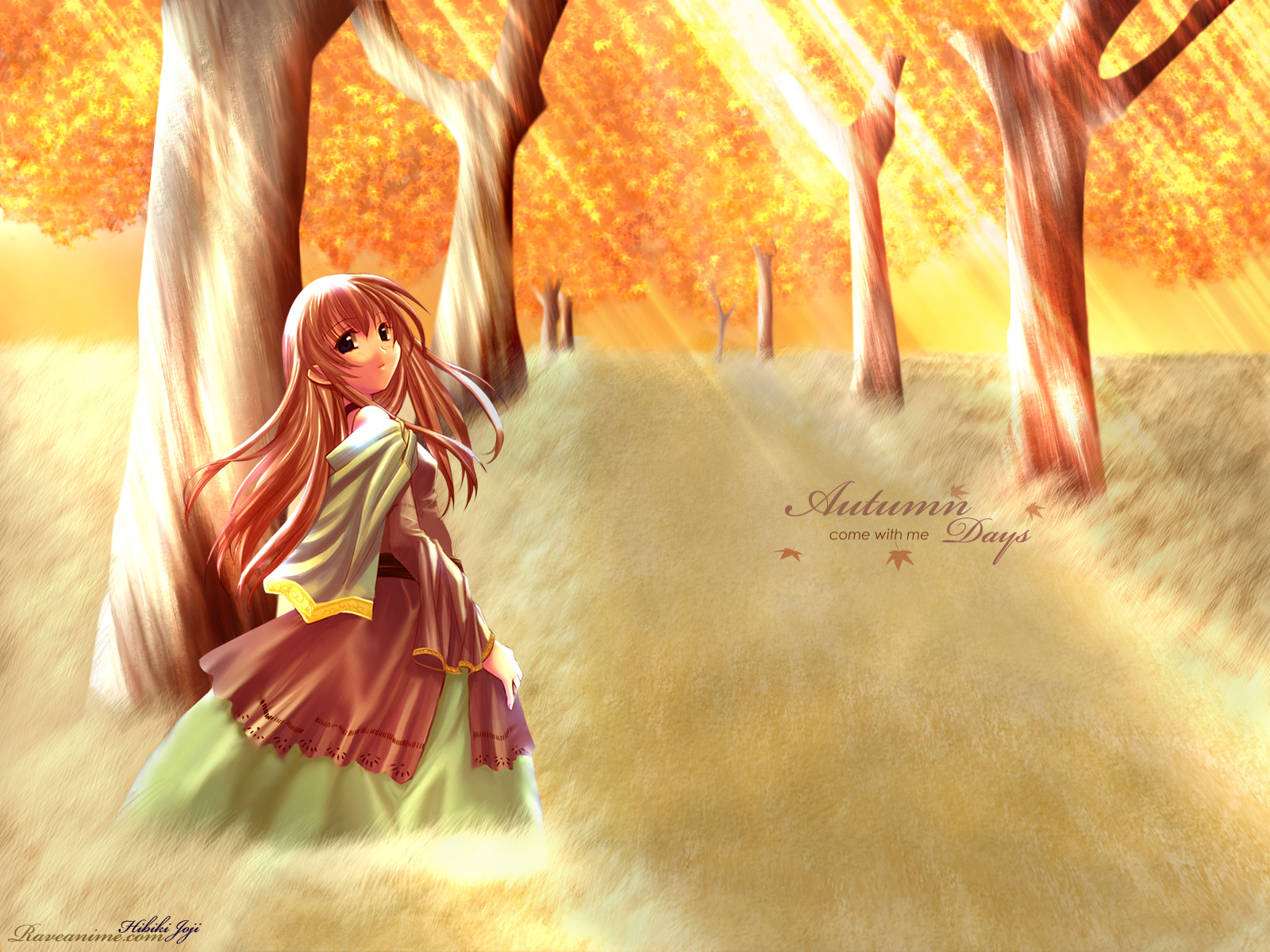 autumn, black_eyes, brown_hair, club_maniax, dress, long_hair, naruse_chisato, tree