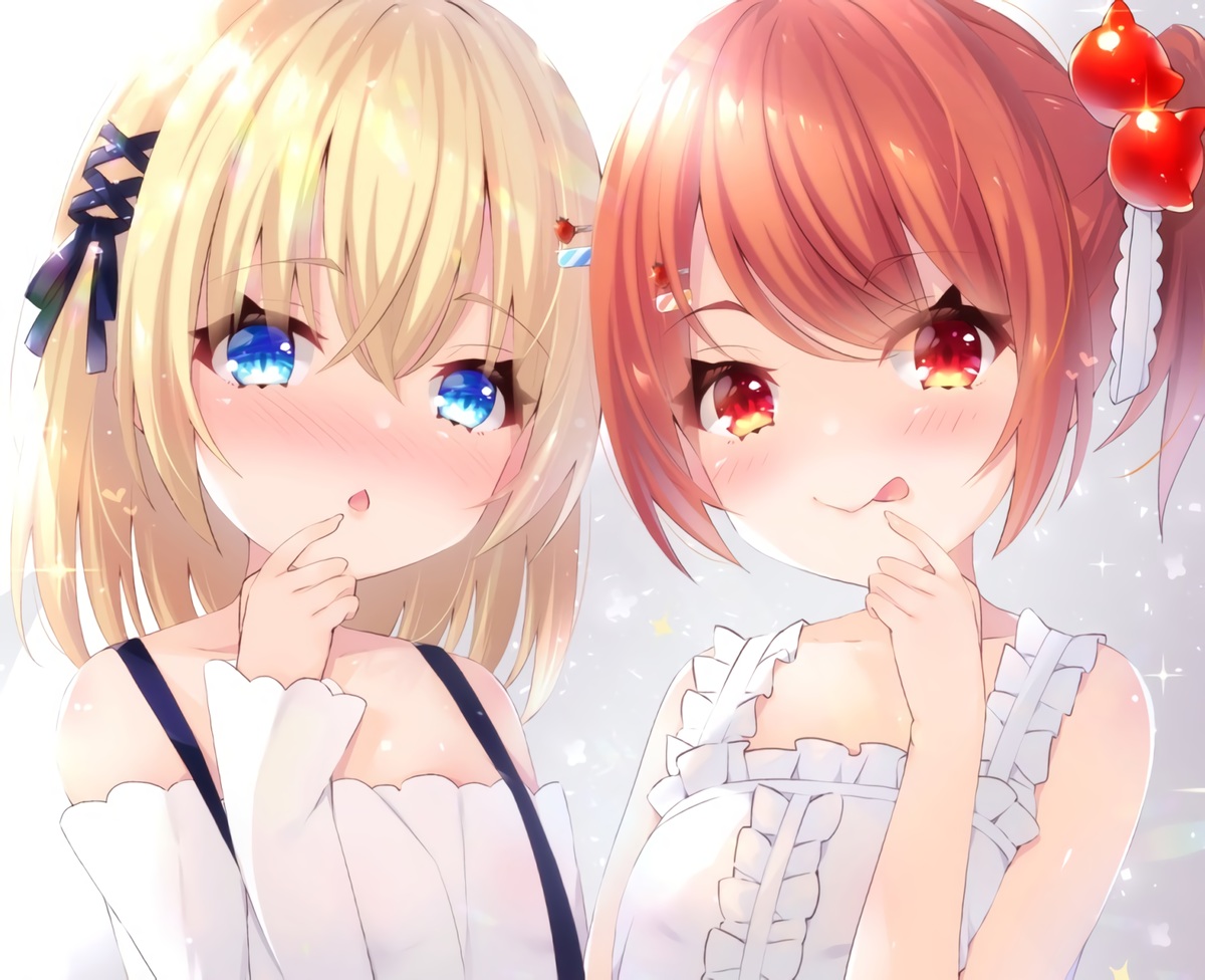 2girls, aqua_eyes, blonde_hair, blush, bow, close, cropped, dress