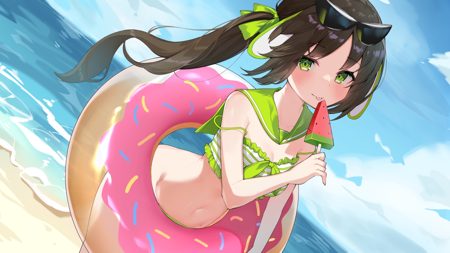 animal_ears, beach, bikini, blush, brown_hair, clouds, food, green_eyes, long_hair, navel, ponytail, popsicle, rui_p, sky, sunglasses, swim_ring, swimsuit, water