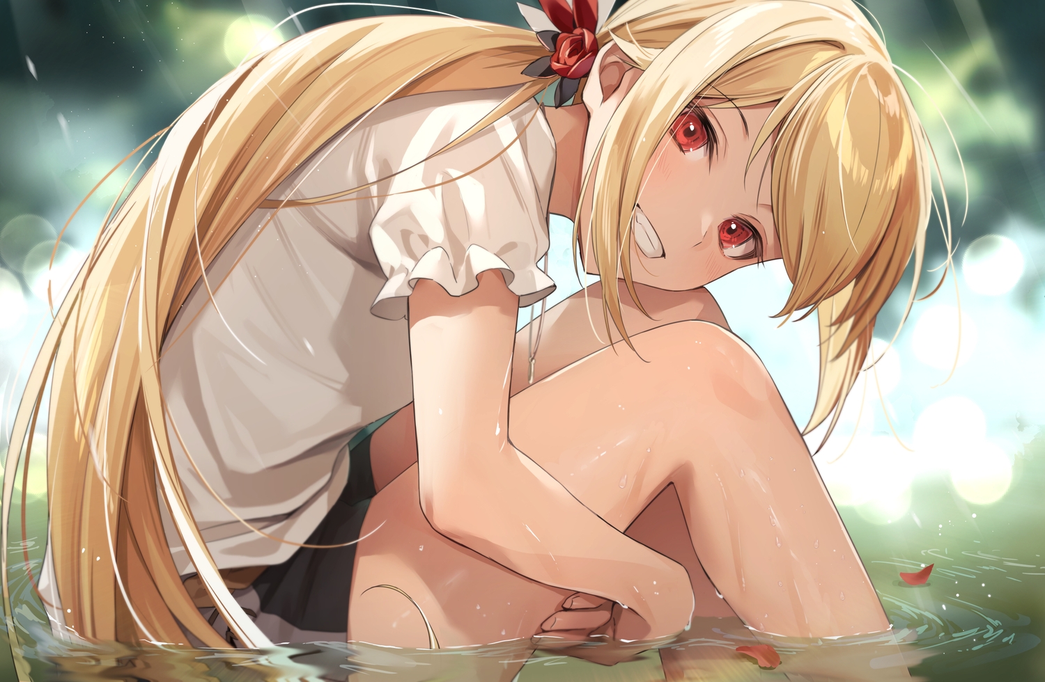 blonde_hair, blush, long_hair, necklace, original, ponytail, red_eyes, shorts, water, wet, zattape