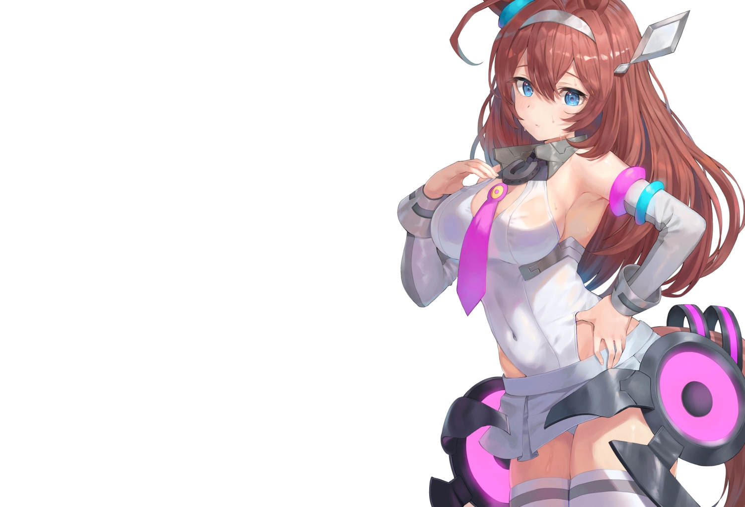 aliasing, animal_ears, anthropomorphism, aqua_eyes, blush, brown_hair, headband, leotard, long_hair, mihono_bourbon_(umamusume), rangen, see_through, skirt, thighhighs, tie, uma_musume:_pretty_derby, wet, white, zettai_ryouiki