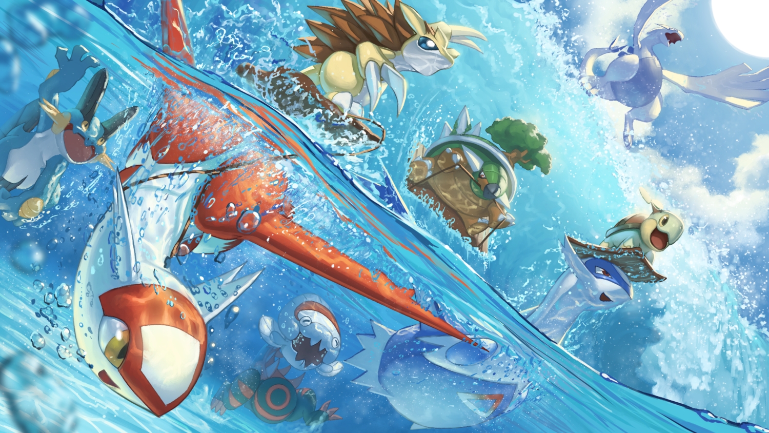 bubbles, clouds, dracovish, group, latias, latios, lugia, no_humans