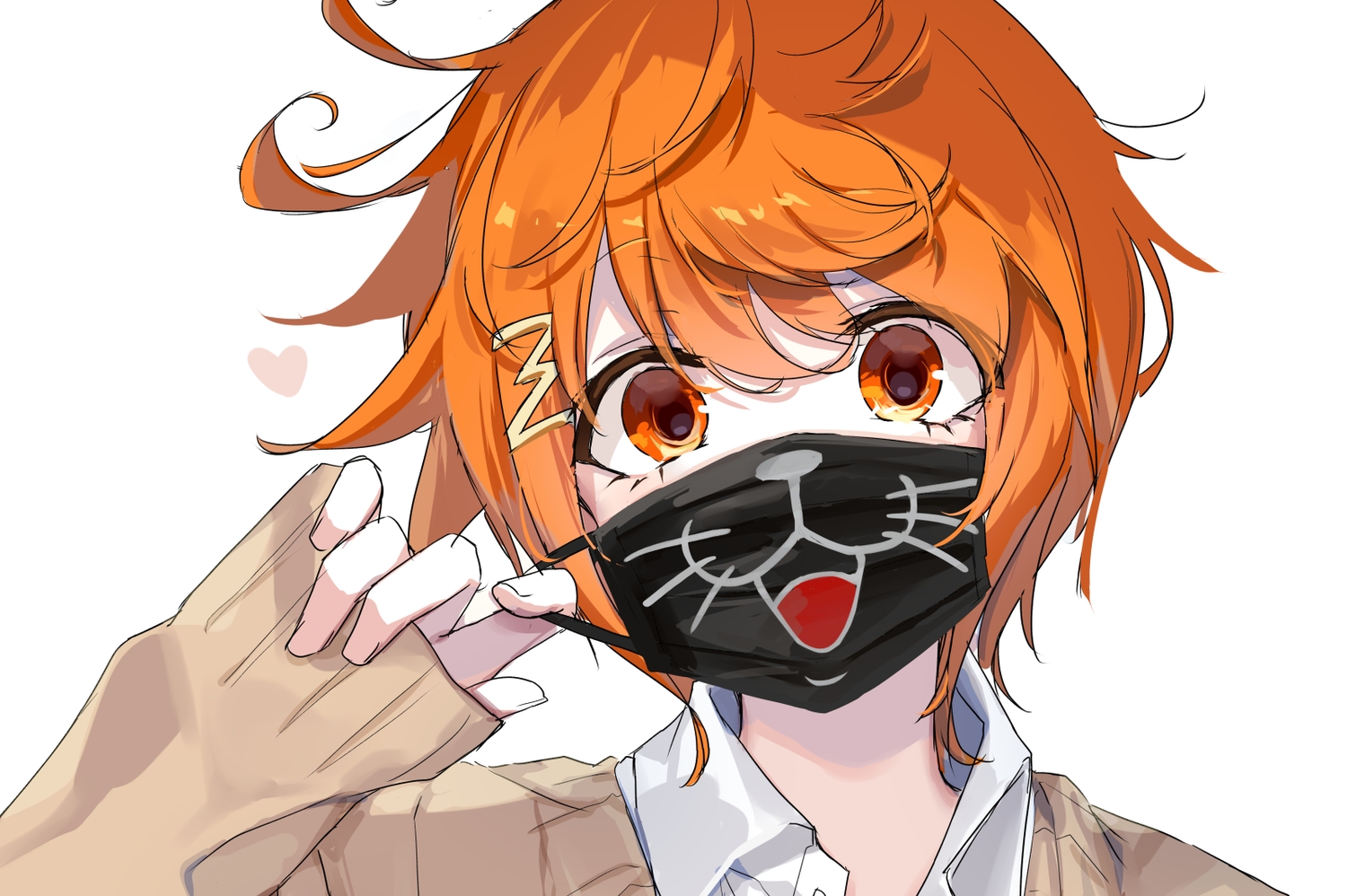 all_male, cat_smile, close, emia_(castilla), heart, kimi_ga_shine, male, mask, orange_eyes, orange_hair, school_uniform, short_hair, sketch, toto_noel, white