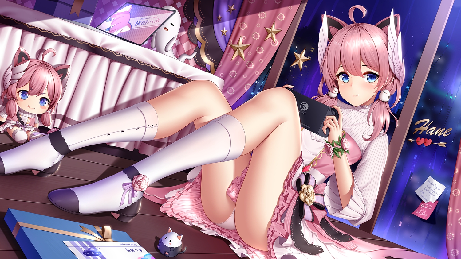 animal_ears, blue_eyes, boots, building, city, doll, dress, indie_virtual_youtuber, kneehighs, night, panties, pink_hair, rain, sakurada_hane, twintails, underwear, water, wings, wristwear, wsman