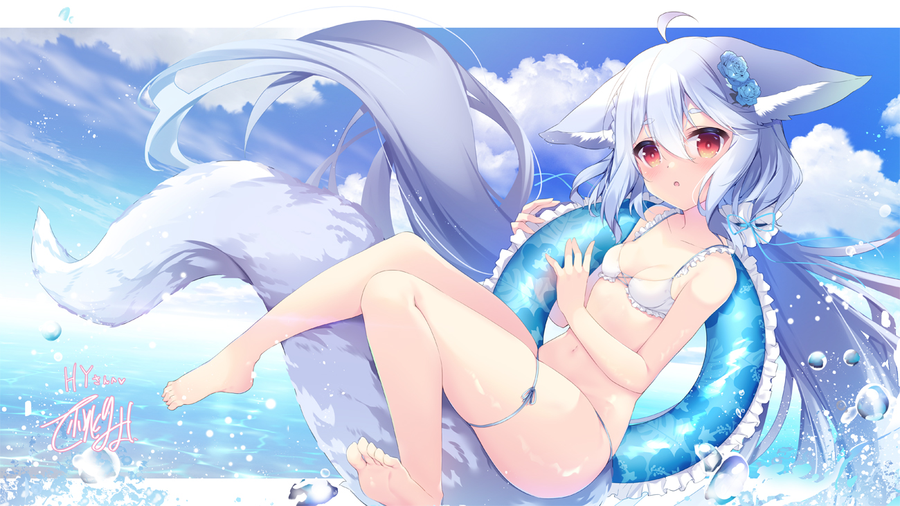 animal_ears, barefoot, bikini, blush, clouds, foxgirl, garter, gray_hair